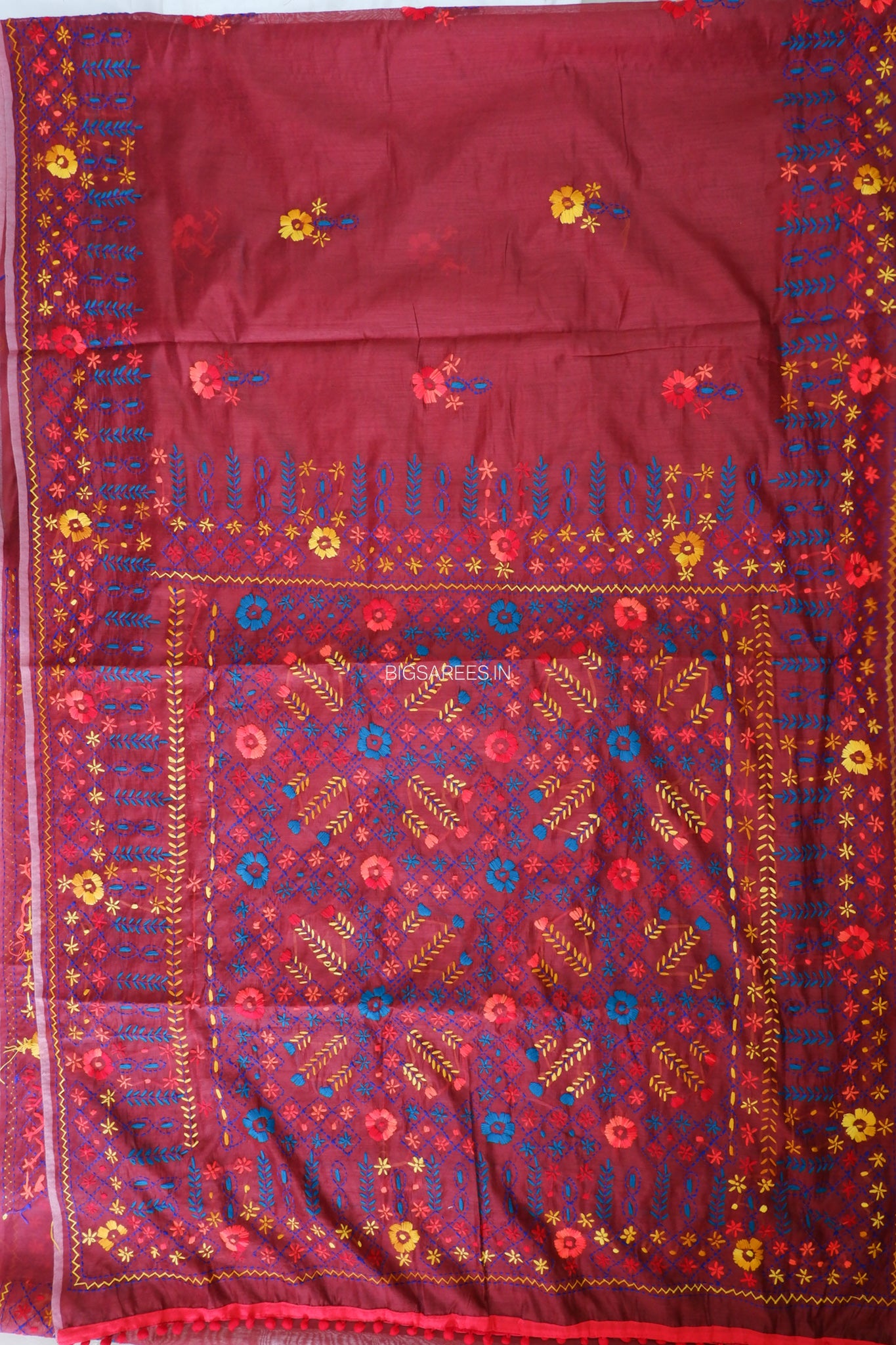 Phulkari Hand-Embroidered Saree | Chanderi Silk | Maroon