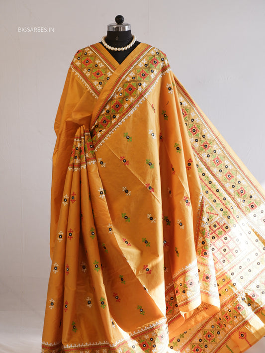 Kutch Hand Embroidered Saree| Pure Bangalore Silk | Yellow