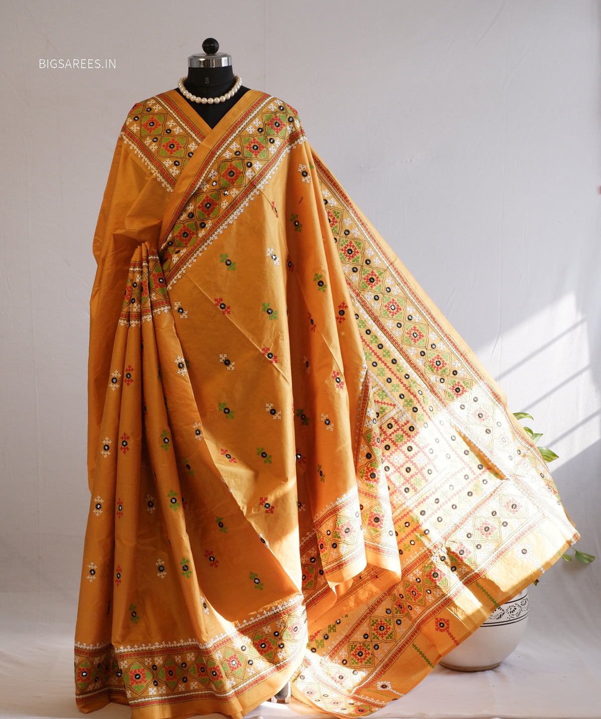 Kutch Hand Embroidered Saree| Pure Bangalore Silk | Yellow