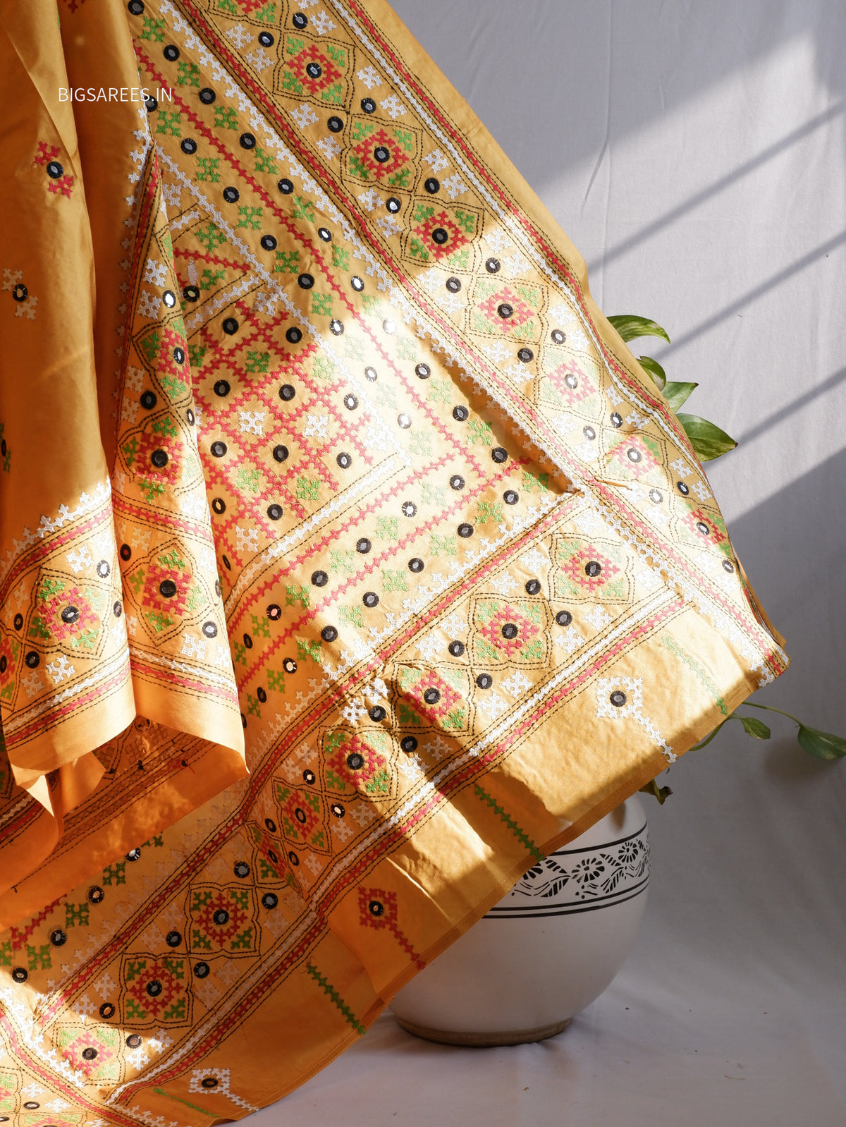 Kutch Hand Embroidered Saree| Pure Bangalore Silk | Yellow