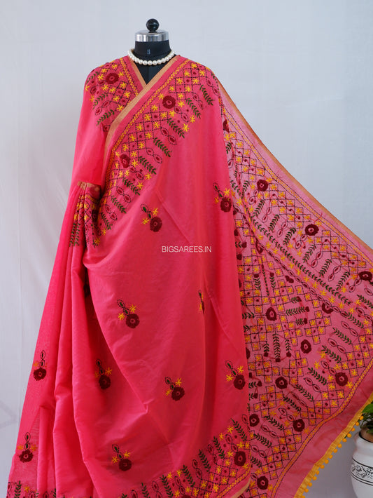 Phulkari Hand-Embroidered Saree | Chanderi Silk | Pink