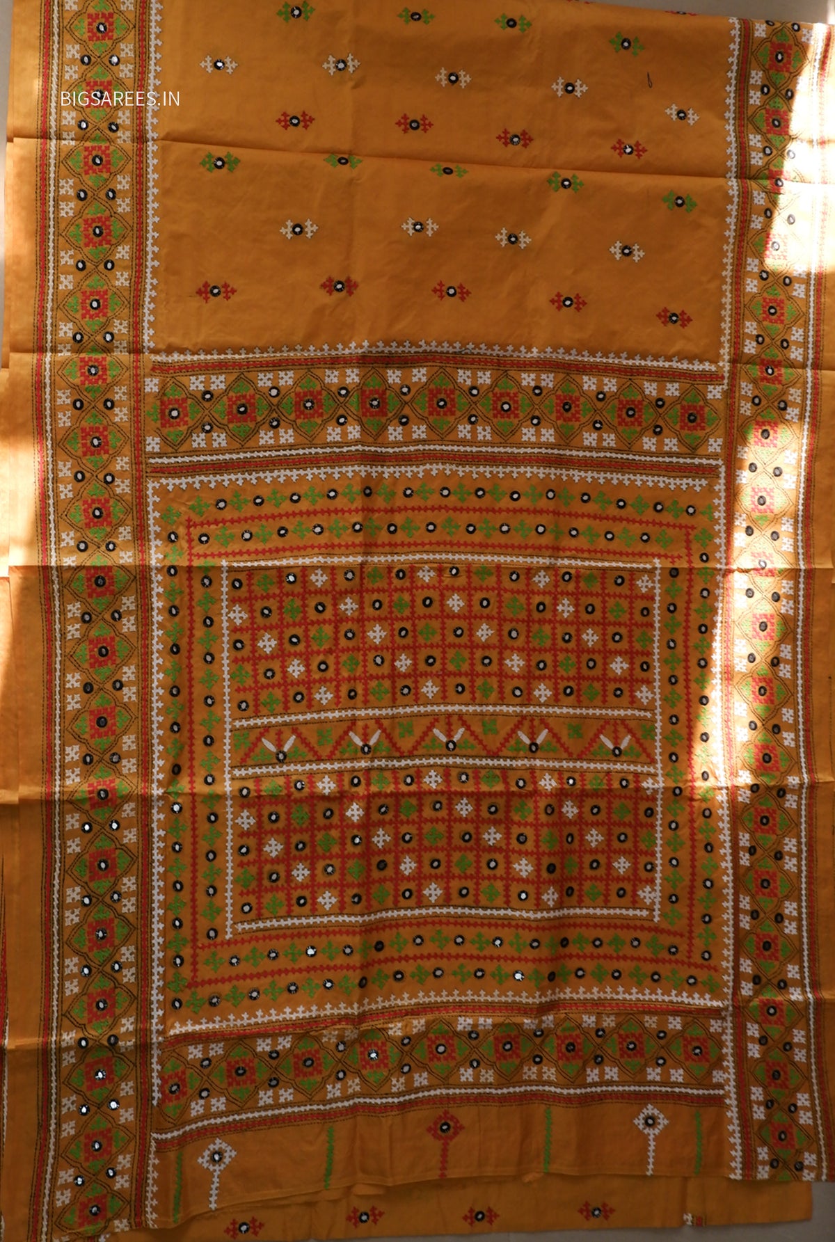 Kutch Hand Embroidered Saree| Pure Bangalore Silk | Yellow