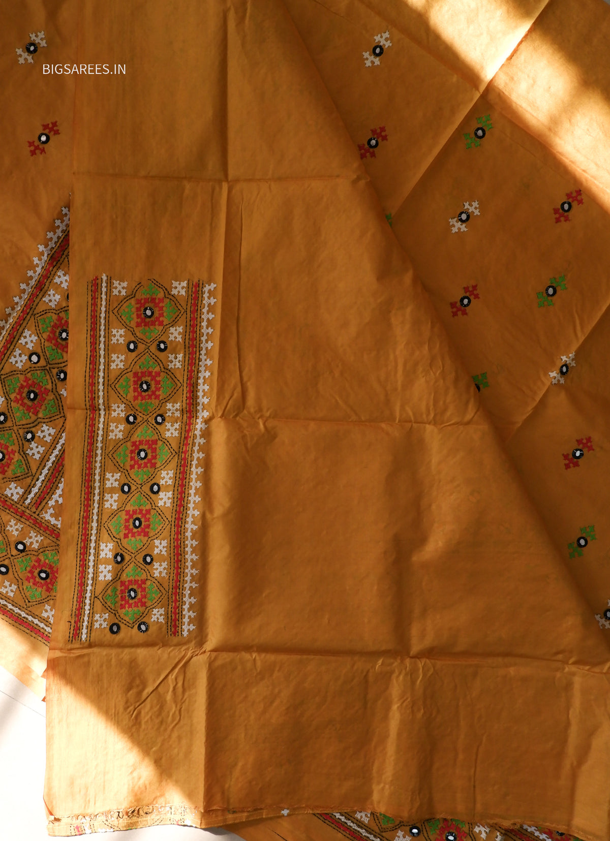 Kutch Hand Embroidered Saree| Pure Bangalore Silk | Yellow