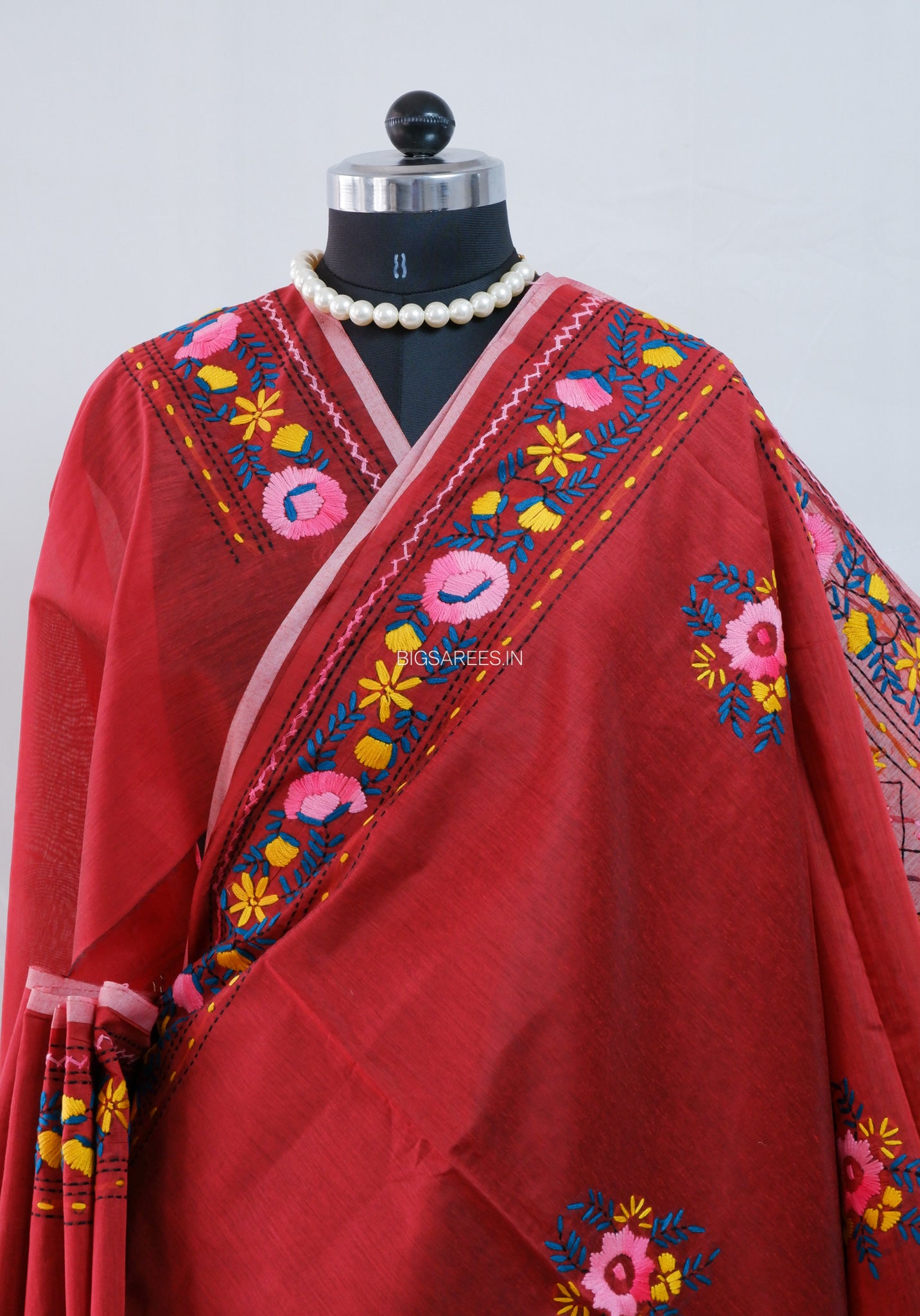 Phulkari Hand-Embroidered Saree | Chanderi Silk | Red