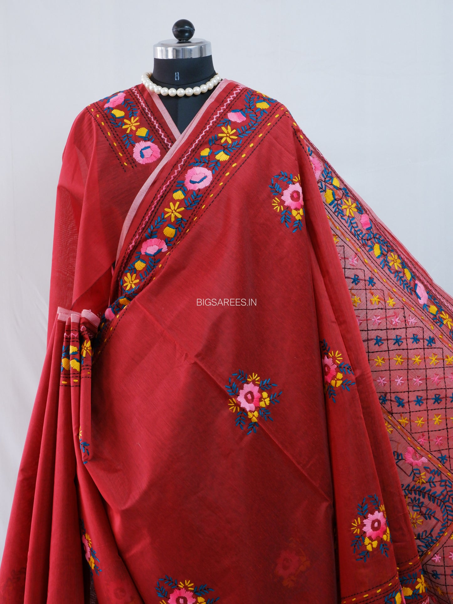 Phulkari Hand-Embroidered Saree | Chanderi Silk | Red