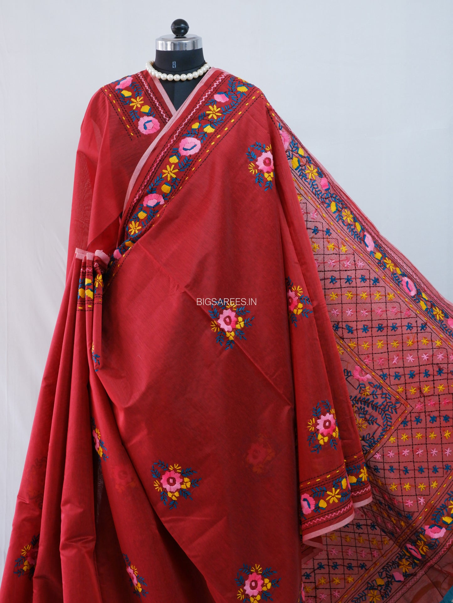 Phulkari Hand-Embroidered Saree | Chanderi Silk | Red
