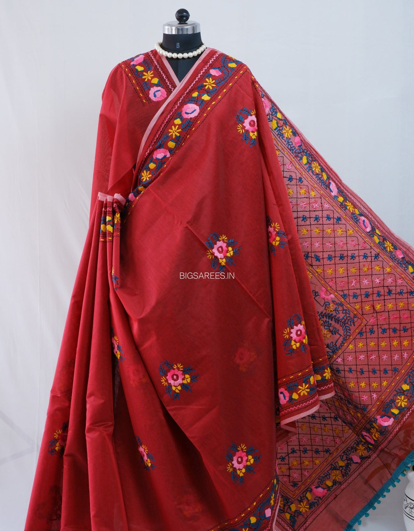 Phulkari Hand-Embroidered Saree | Chanderi Silk | Red