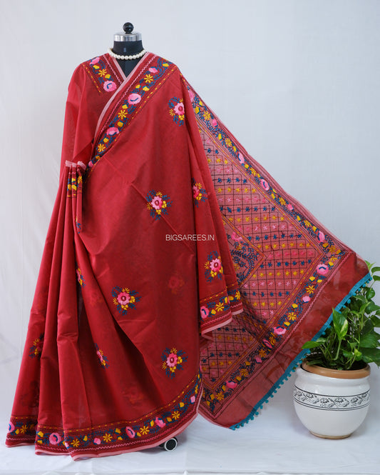 Phulkari Hand-Embroidered Saree | Chanderi Silk | Red