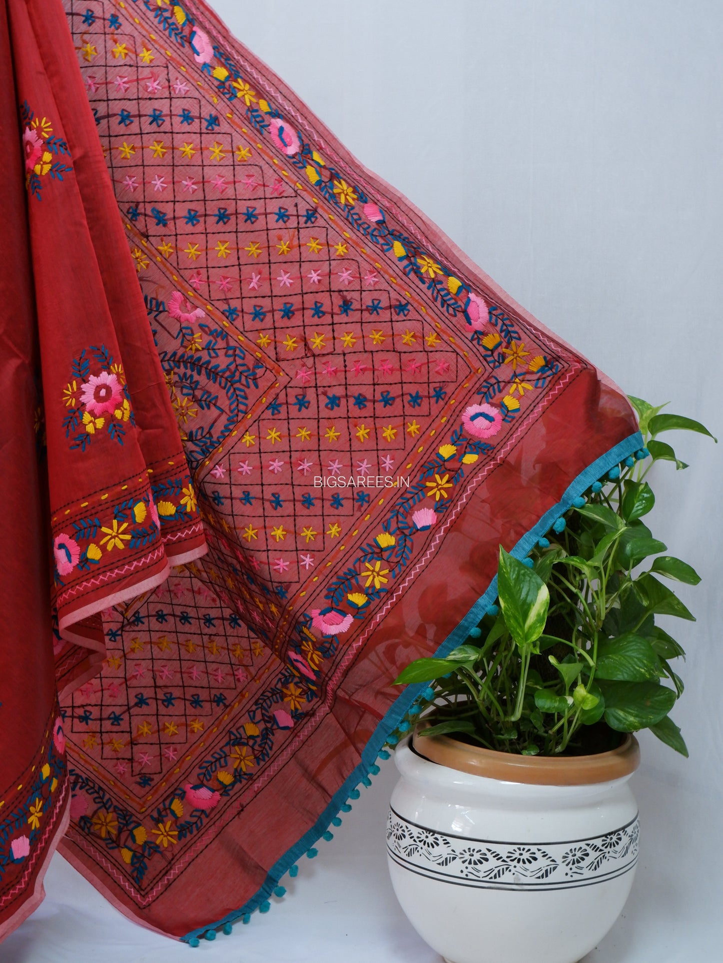 Phulkari Hand-Embroidered Saree | Chanderi Silk | Red