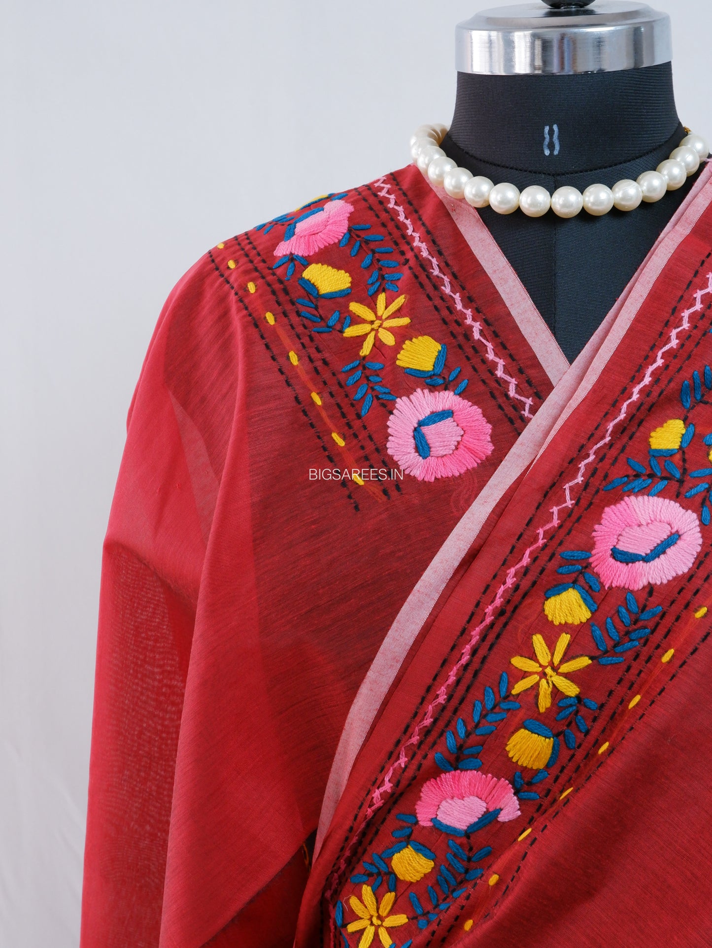 Phulkari Hand-Embroidered Saree | Chanderi Silk | Red