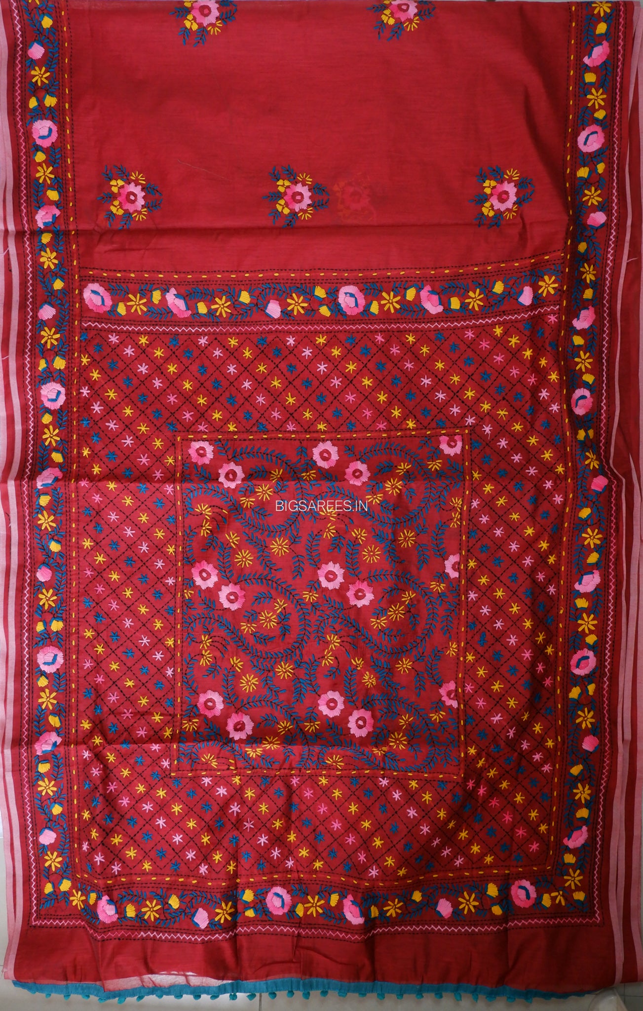 Phulkari Hand-Embroidered Saree | Chanderi Silk | Red
