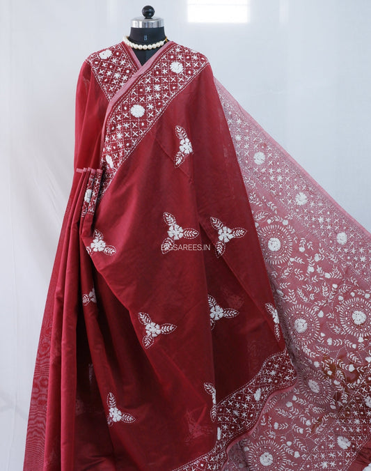 Phulkari Hand-Embroidered Saree | Chanderi Silk | Maroon