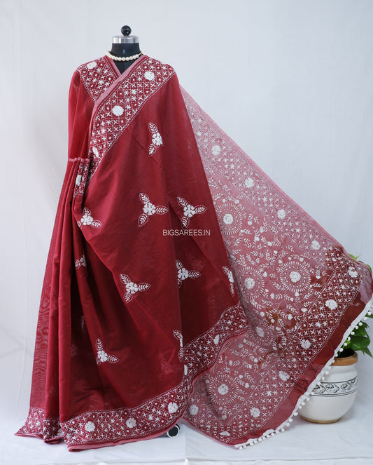 Phulkari Hand-Embroidered Saree | Chanderi Silk | Maroon