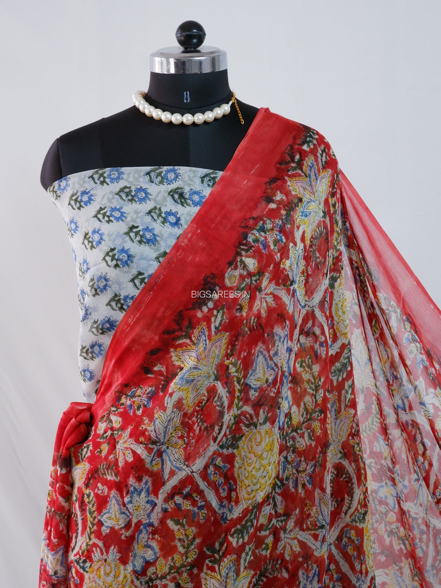 Hand Block Print Saree | Pure Chiffon | Red |