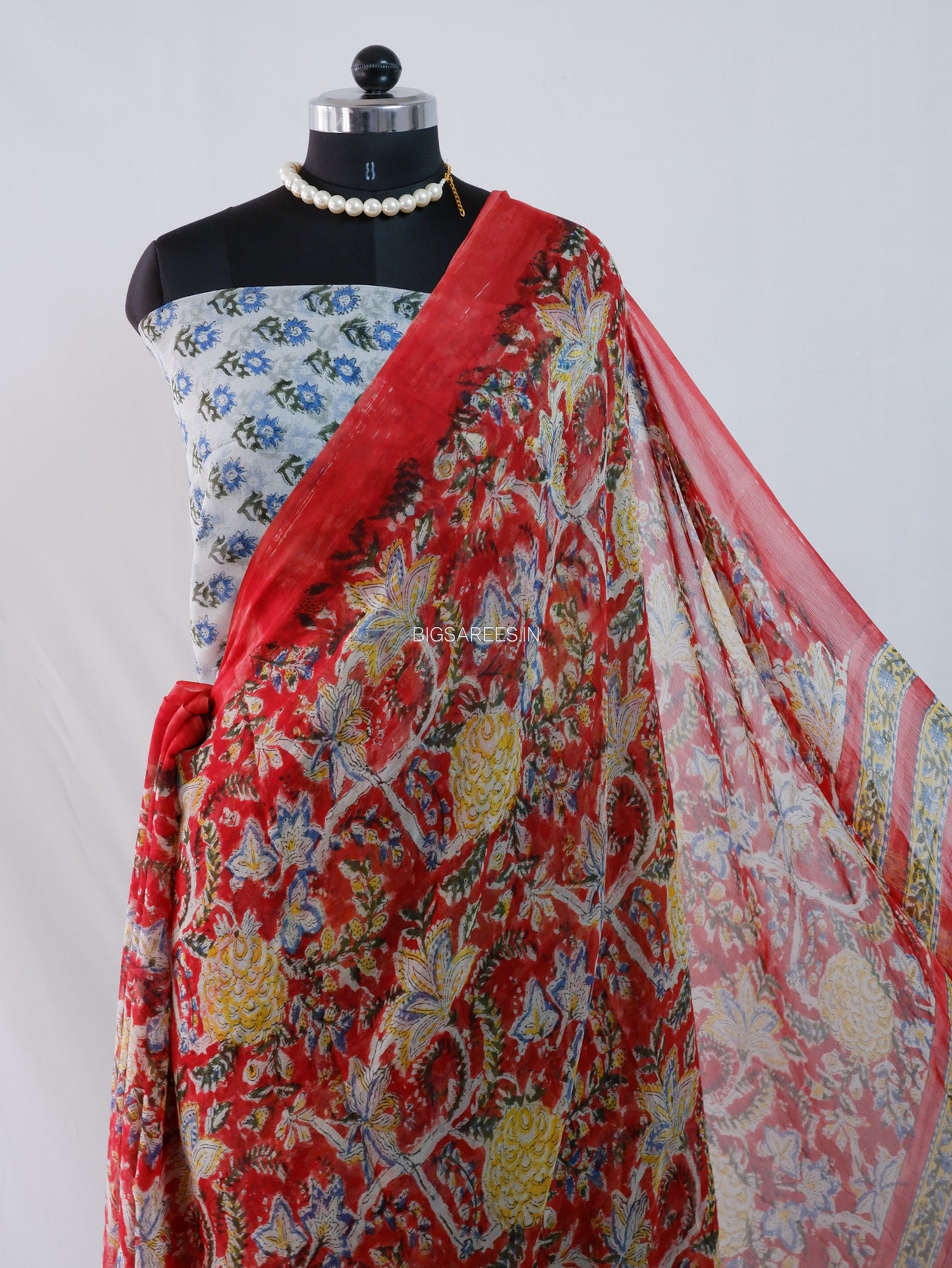 Hand Block Print Saree | Pure Chiffon | Red |