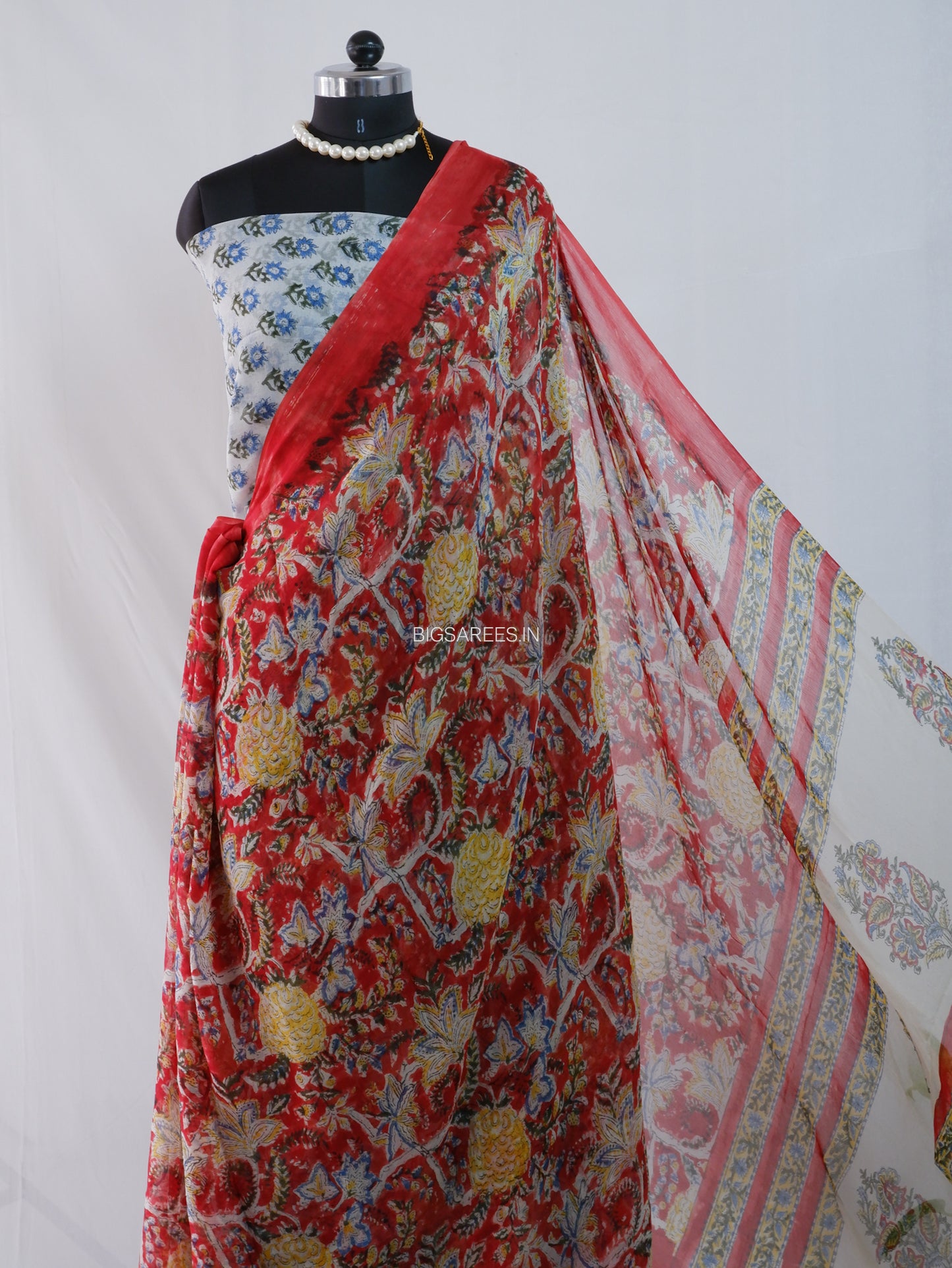 Hand Block Print Saree | Pure Chiffon | Red |