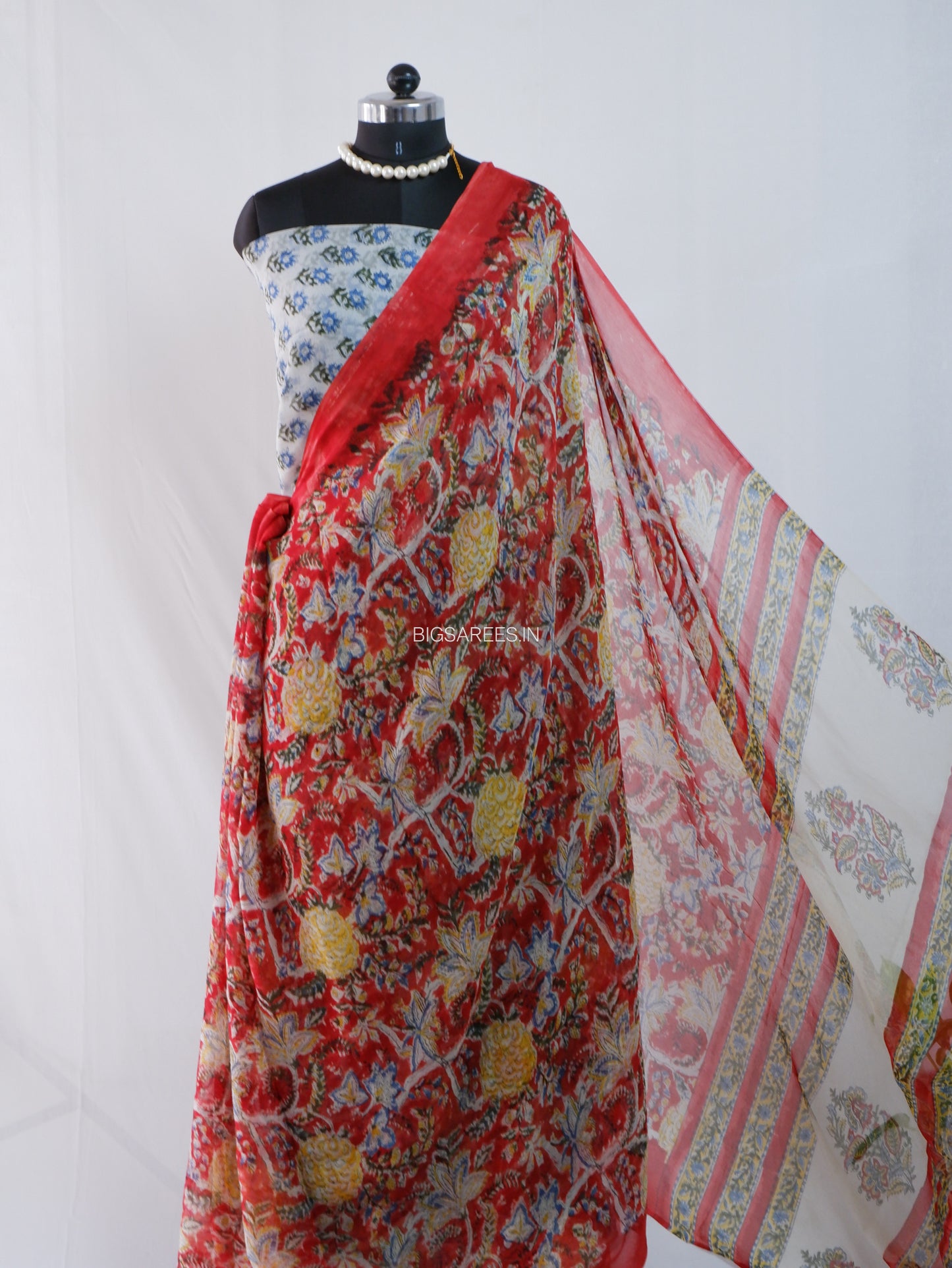 Hand Block Print Saree | Pure Chiffon | Red |
