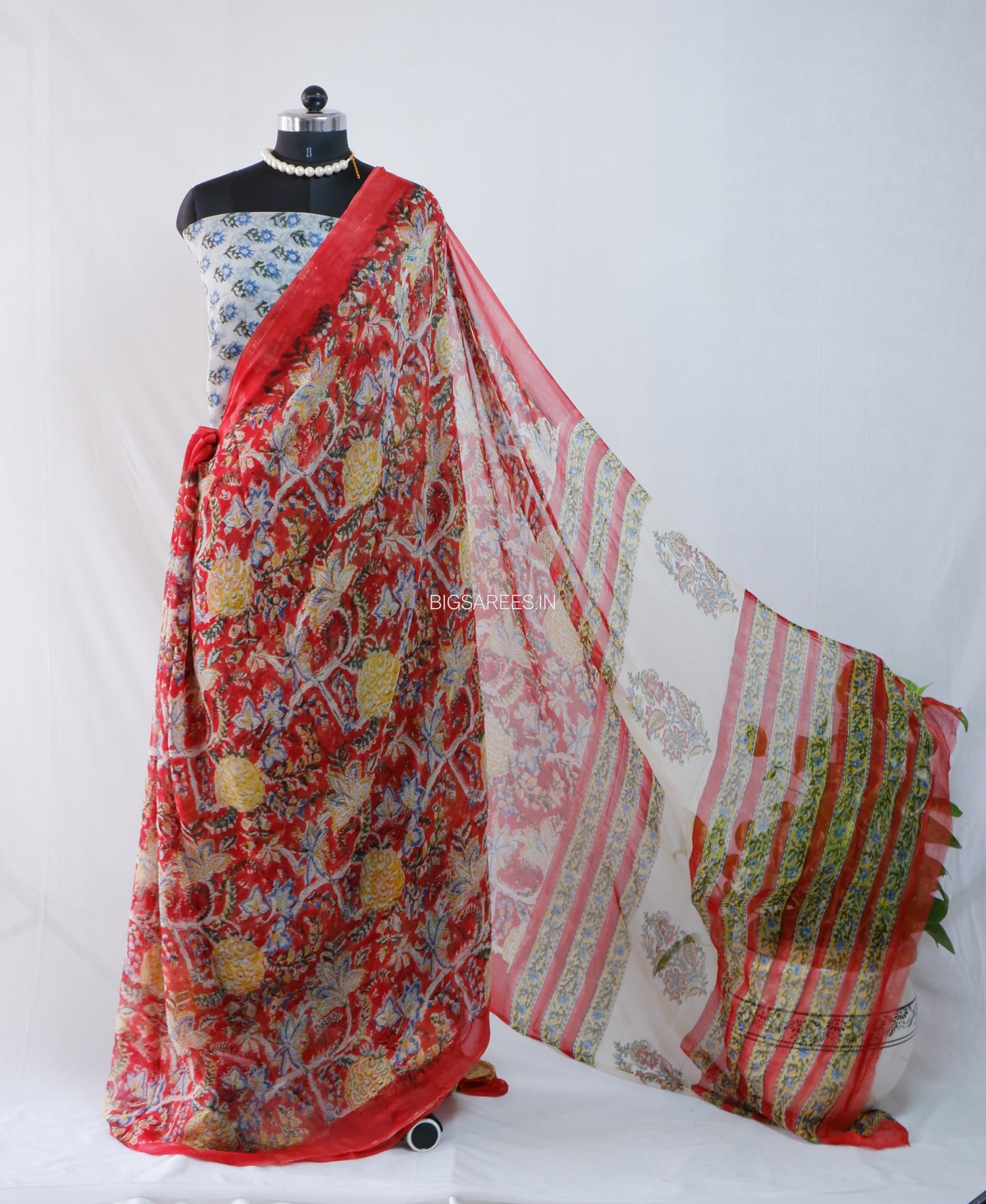 Hand Block Print Saree | Pure Chiffon | Red |