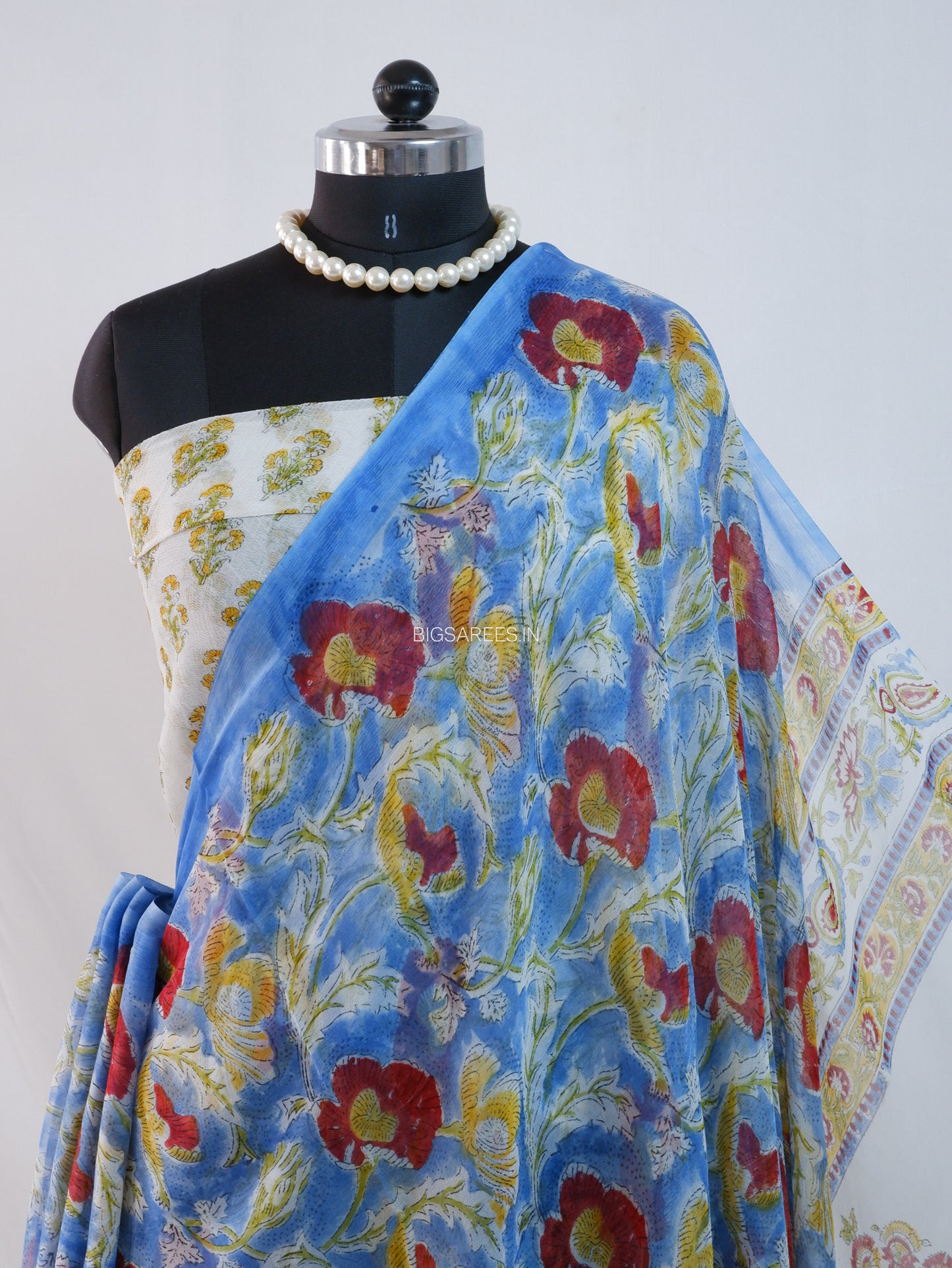 Hand Block Print Saree | Pure Chiffon | Light Blue |