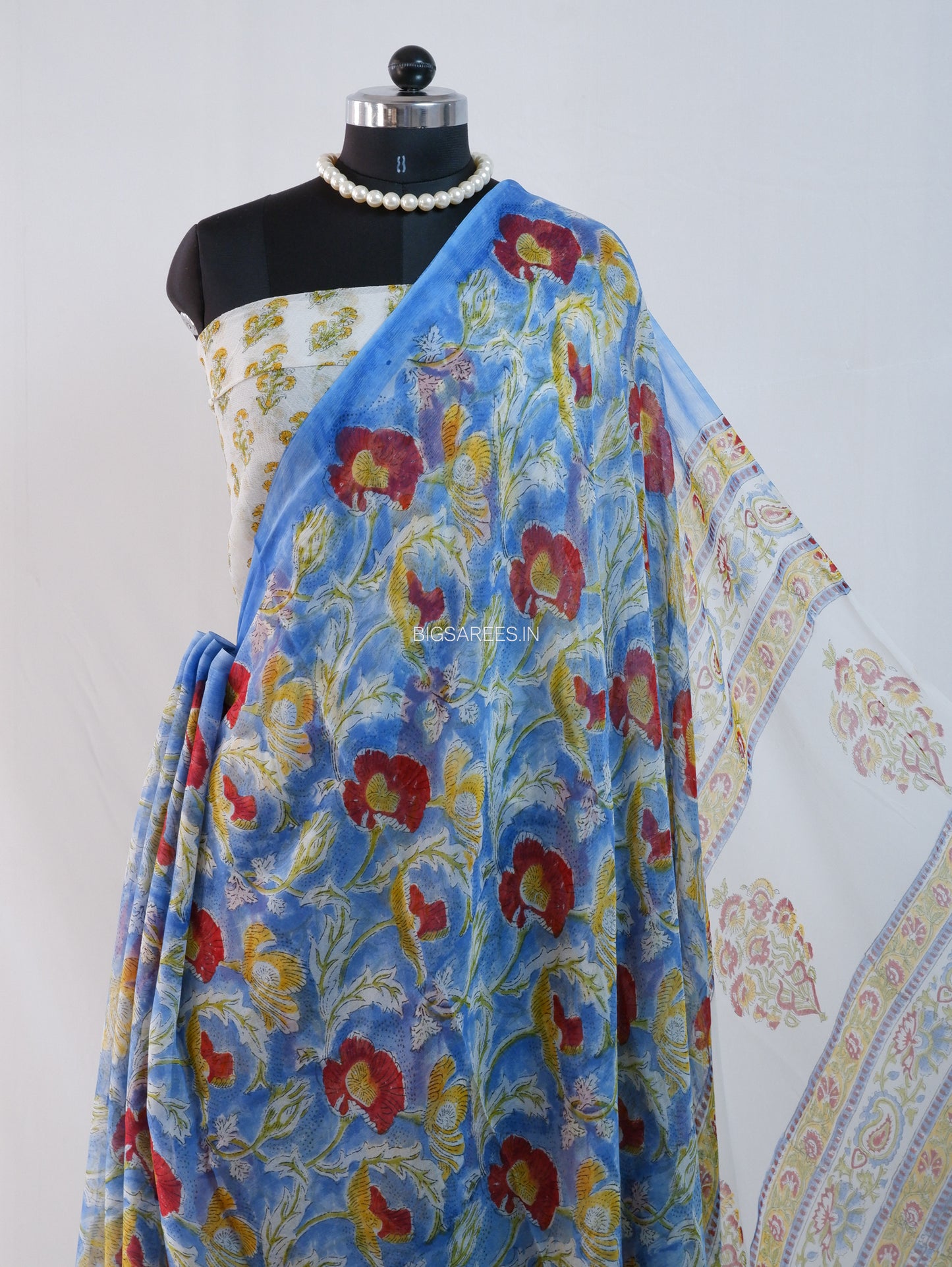 Hand Block Print Saree | Pure Chiffon | Light Blue |