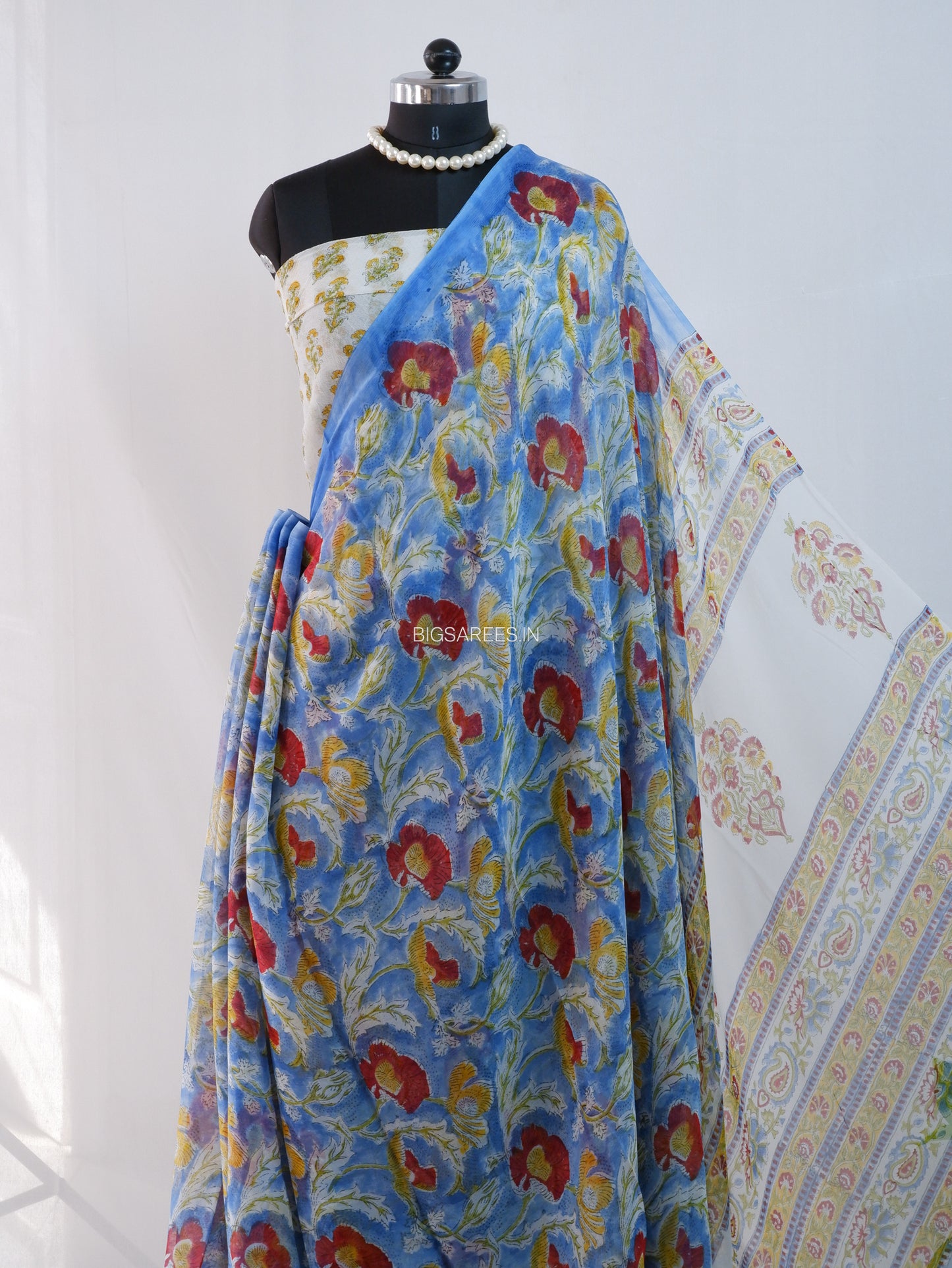 Hand Block Print Saree | Pure Chiffon | Light Blue |