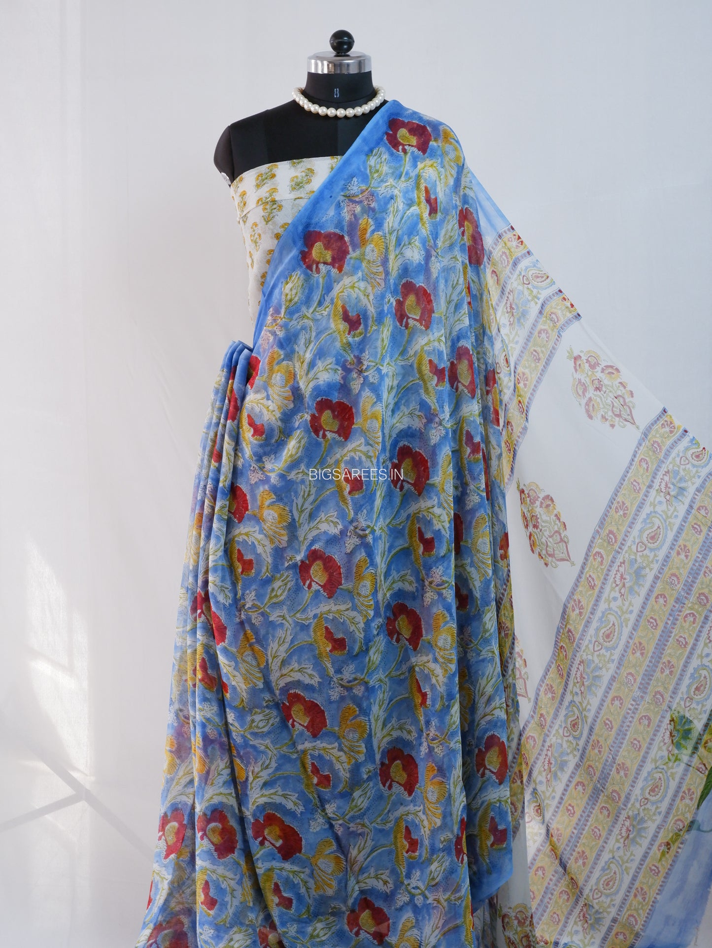 Hand Block Print Saree | Pure Chiffon | Light Blue |