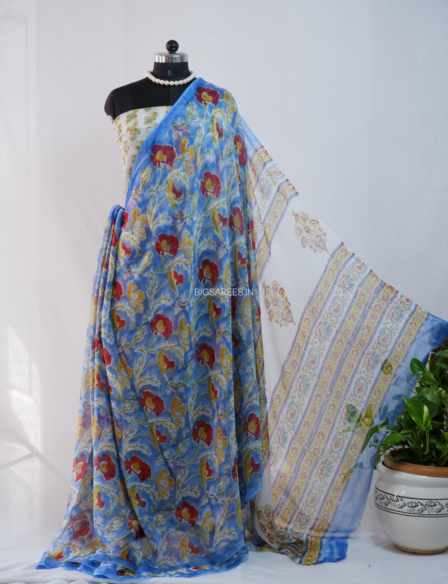 Hand Block Print Saree | Pure Chiffon | Light Blue |