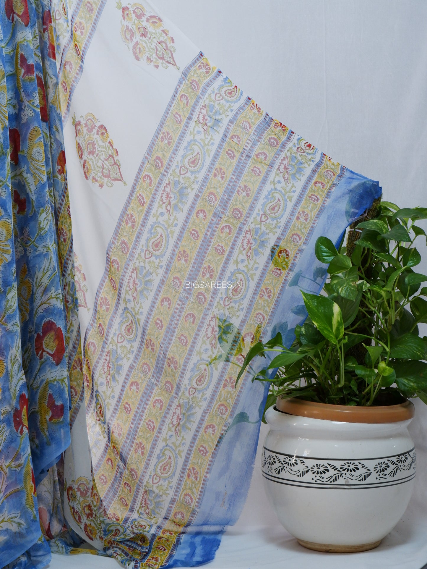 Hand Block Print Saree | Pure Chiffon | Light Blue |