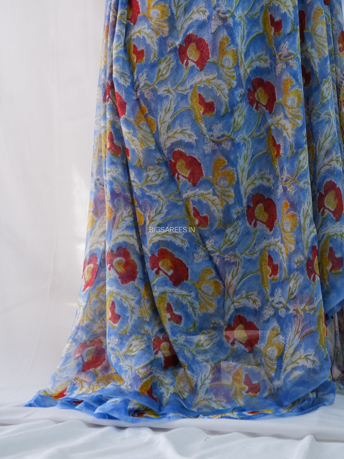Hand Block Print Saree | Pure Chiffon | Light Blue |