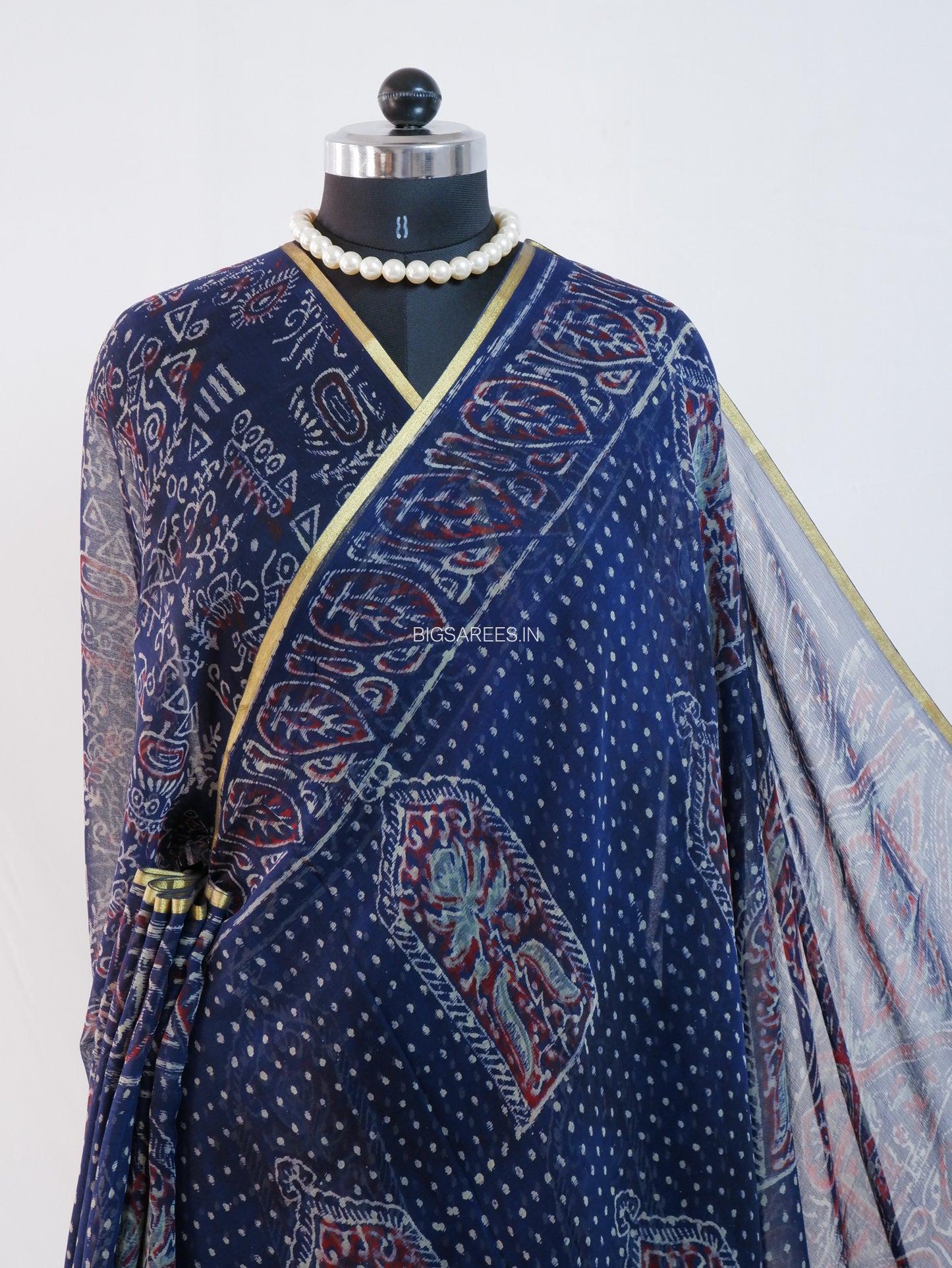 Hand Block Print Saree | Pure Chiffon | Dark blue |