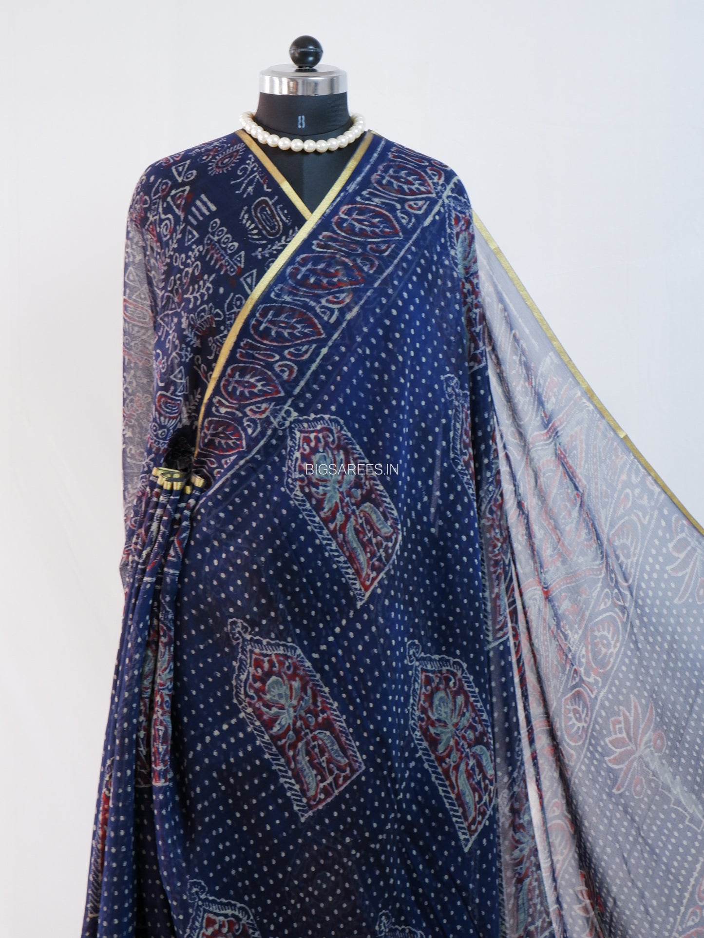 Hand Block Print Saree | Pure Chiffon | Dark blue |
