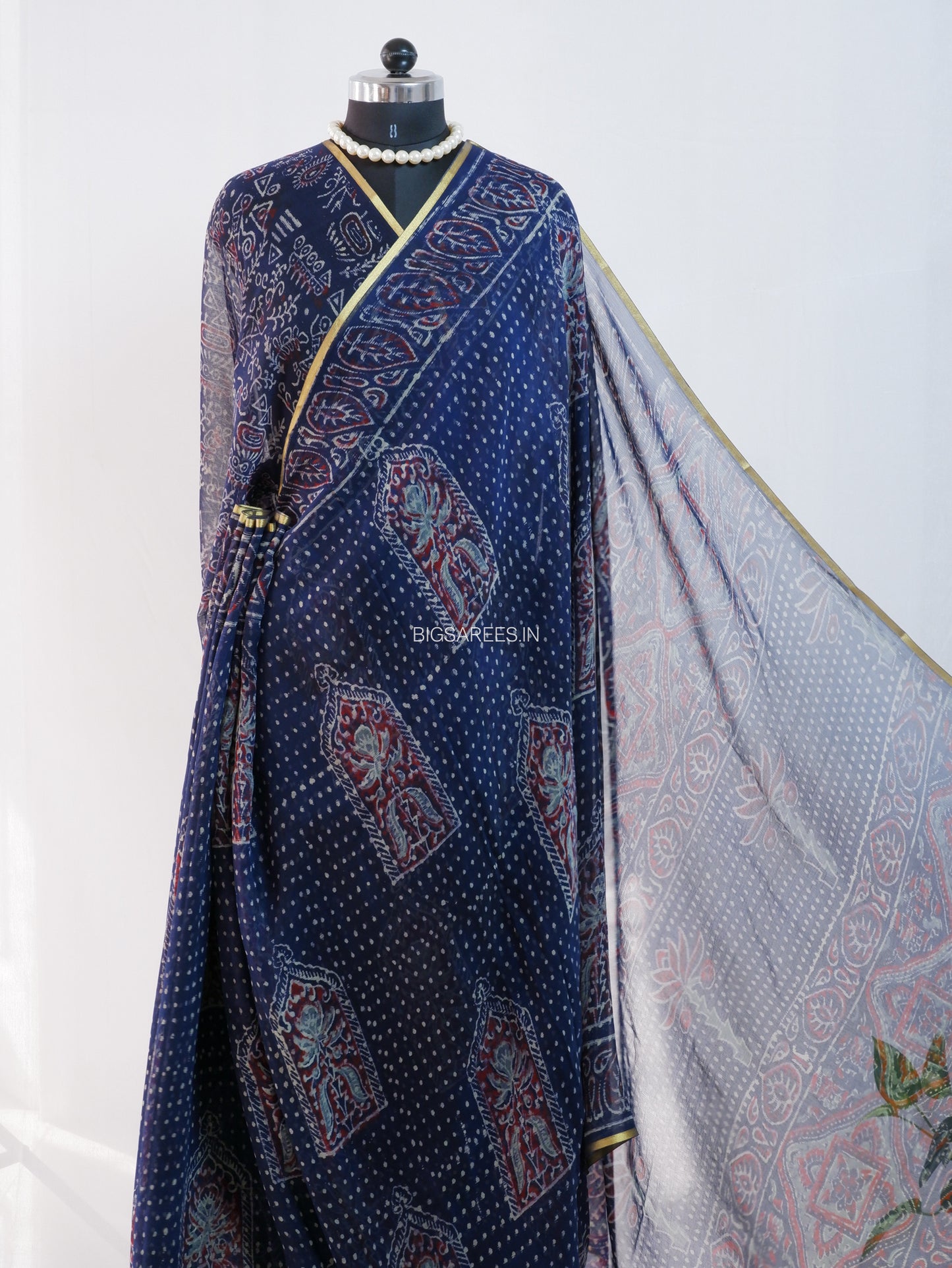 Hand Block Print Saree | Pure Chiffon | Dark blue |