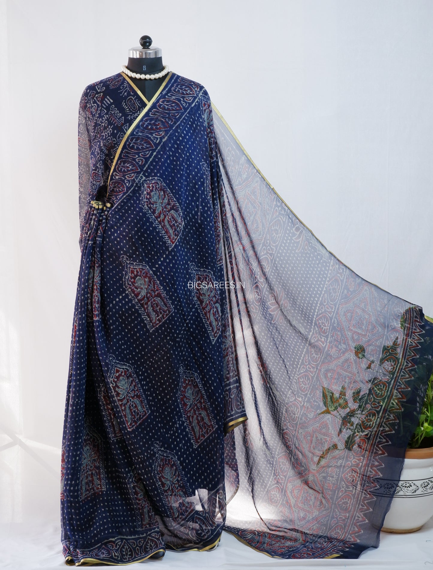 Hand Block Print Saree | Pure Chiffon | Dark blue |