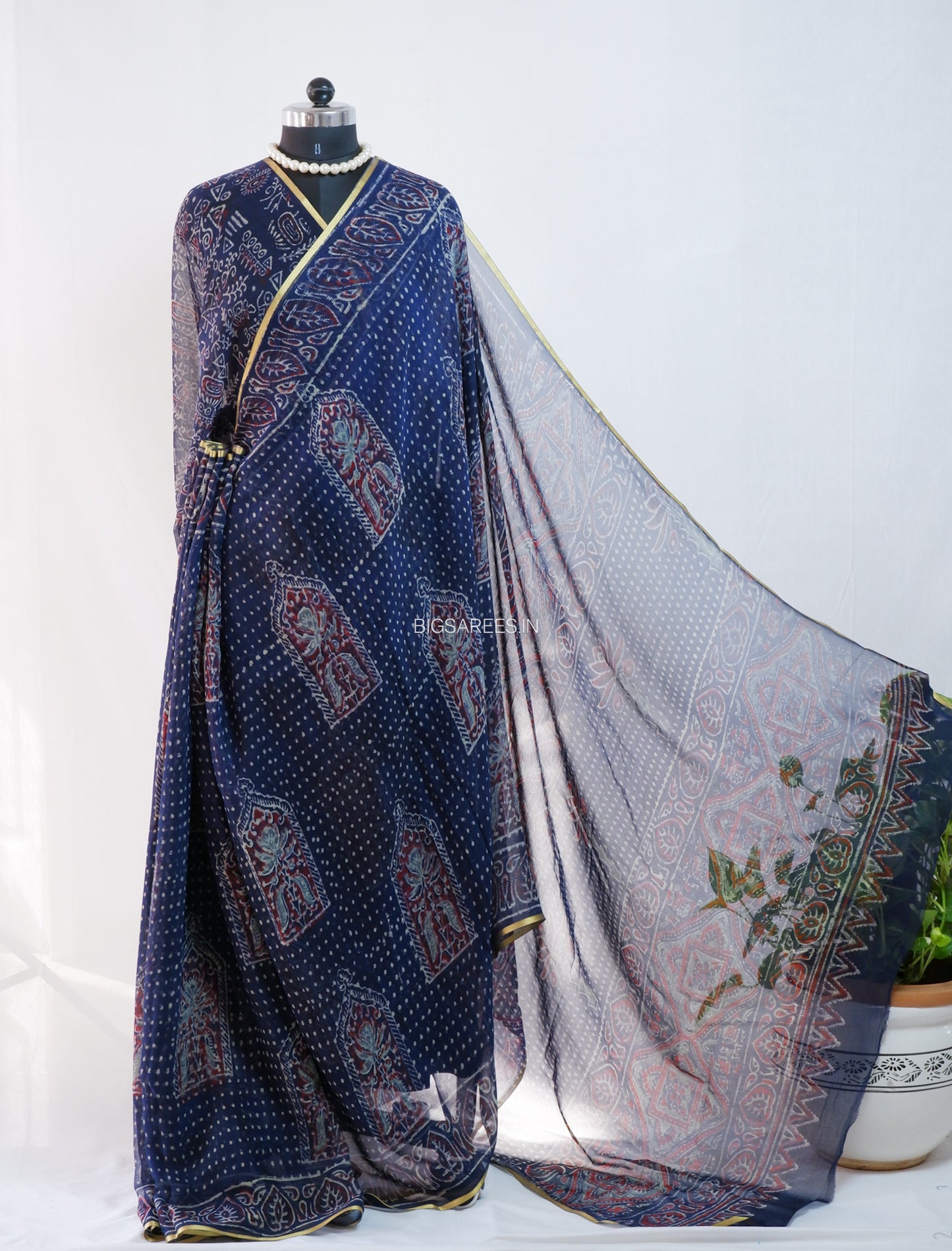Hand Block Print Saree | Pure Chiffon | Dark blue |