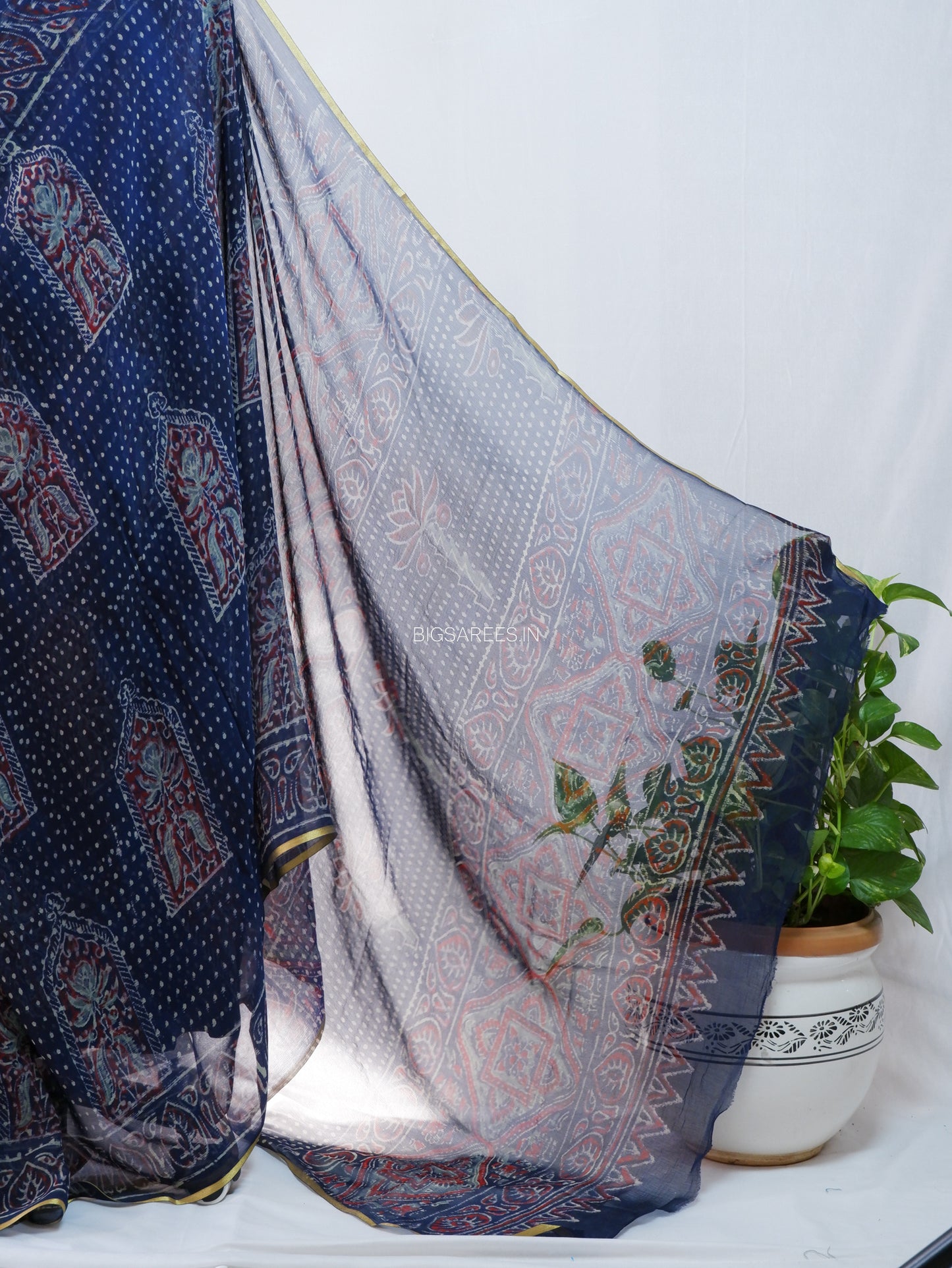 Hand Block Print Saree | Pure Chiffon | Dark blue |