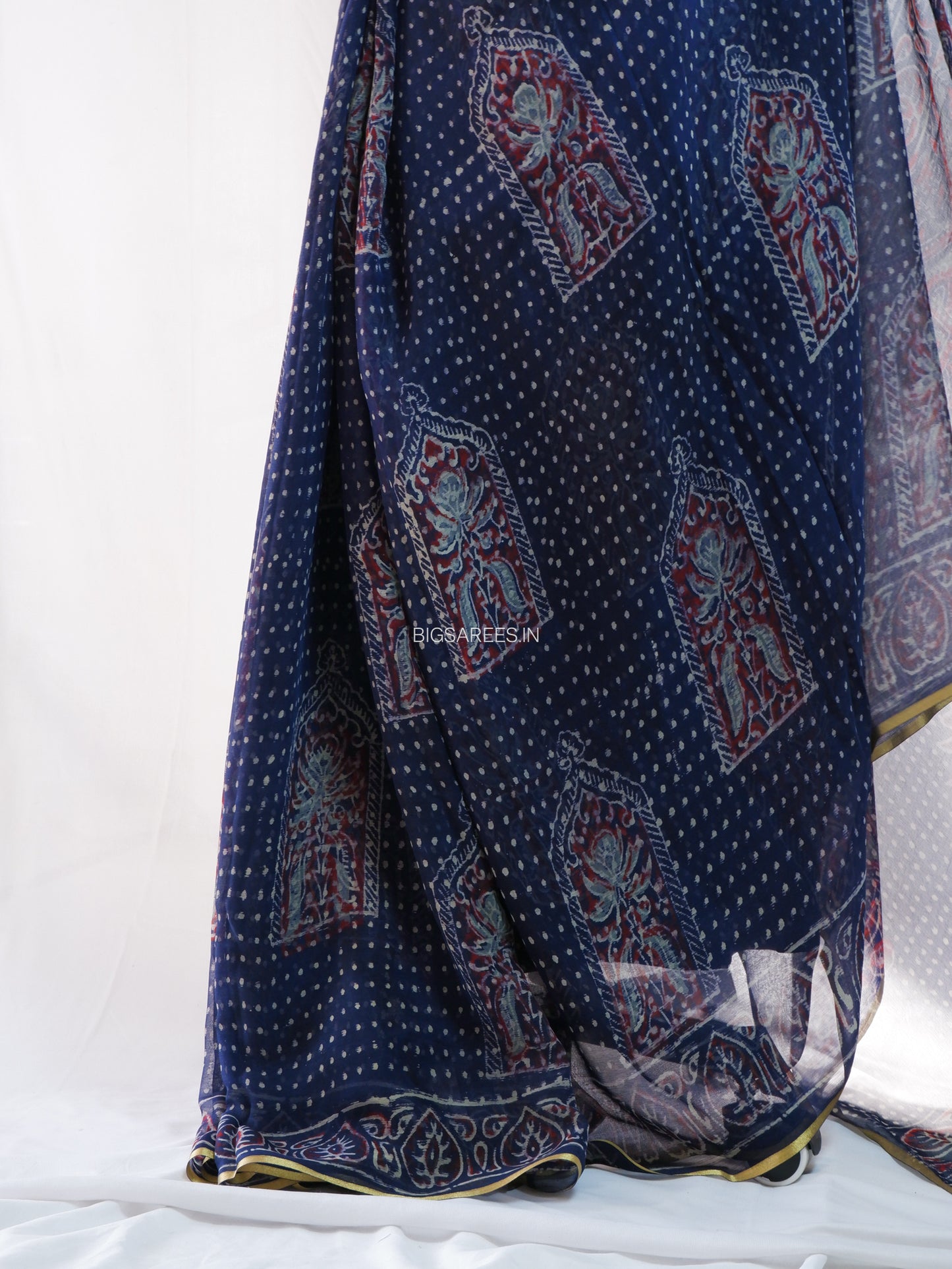 Hand Block Print Saree | Pure Chiffon | Dark blue |