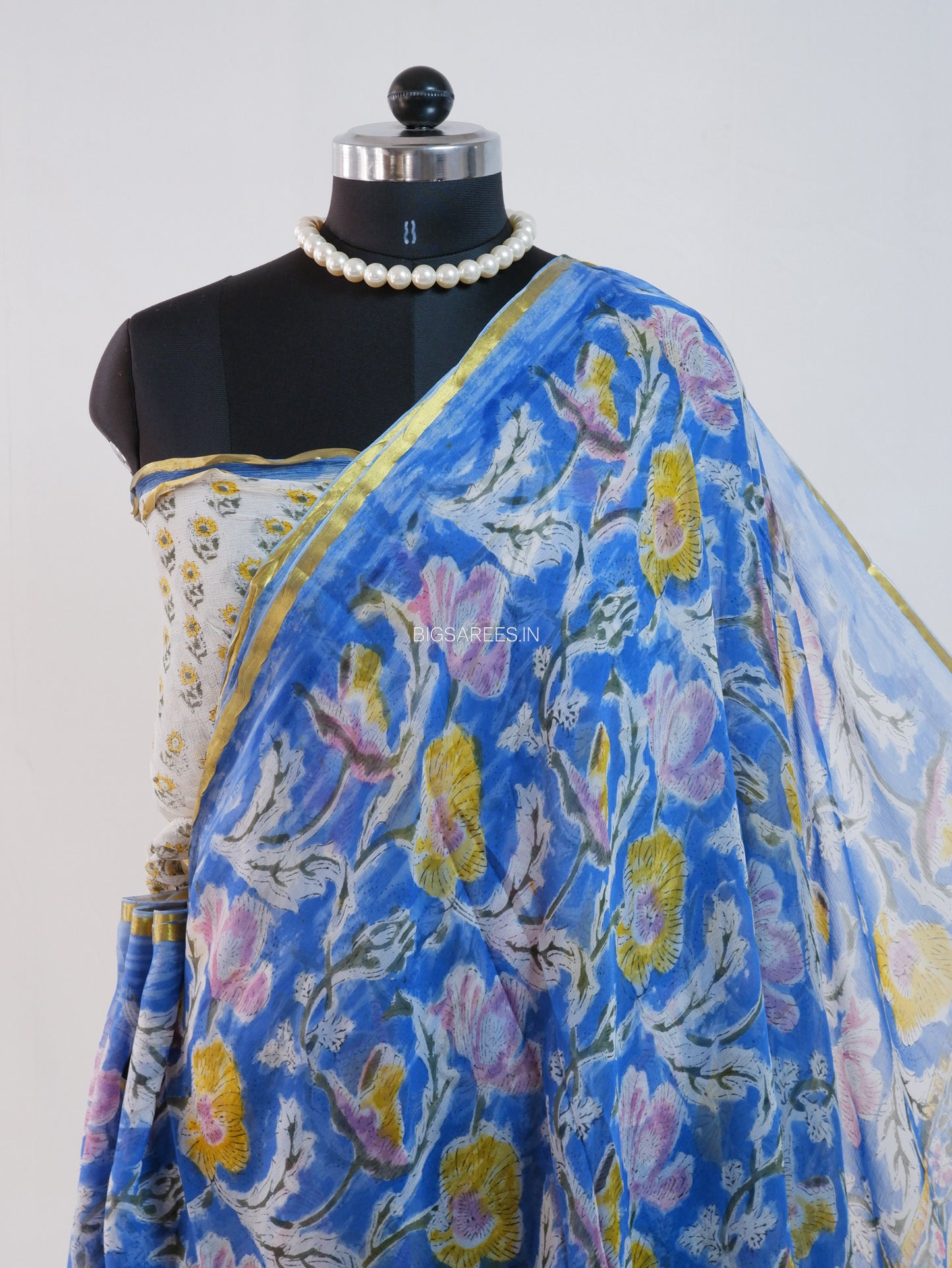 Hand Block Print Saree | Pure Chiffon | Prussian Blue |