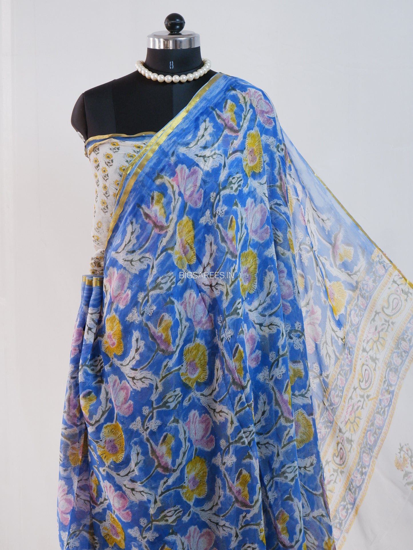 Hand Block Print Saree | Pure Chiffon | Prussian Blue |