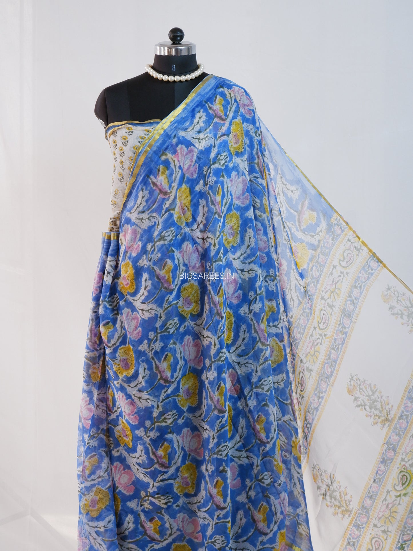 Hand Block Print Saree | Pure Chiffon | Prussian Blue |