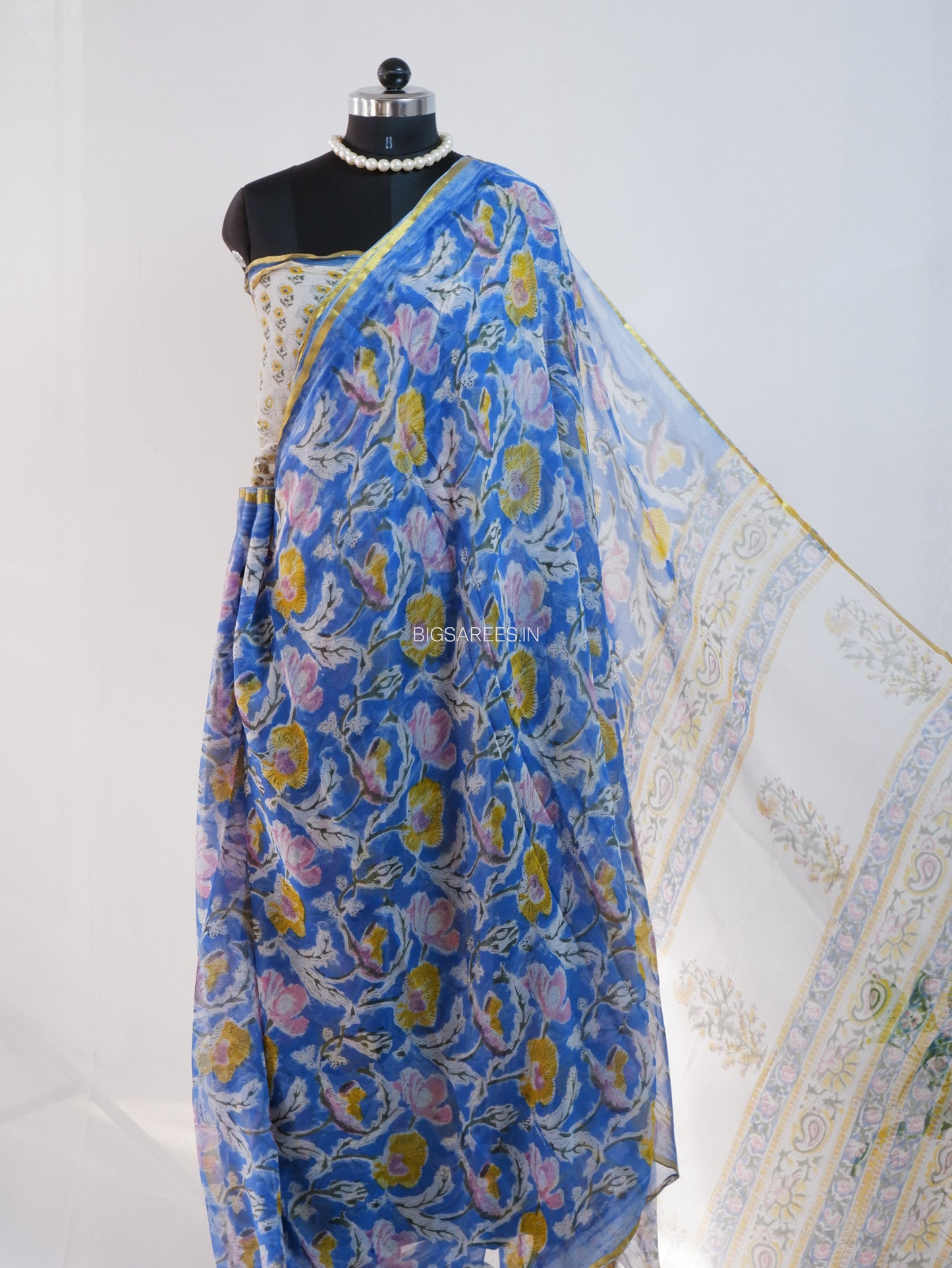Hand Block Print Saree | Pure Chiffon | Prussian Blue |