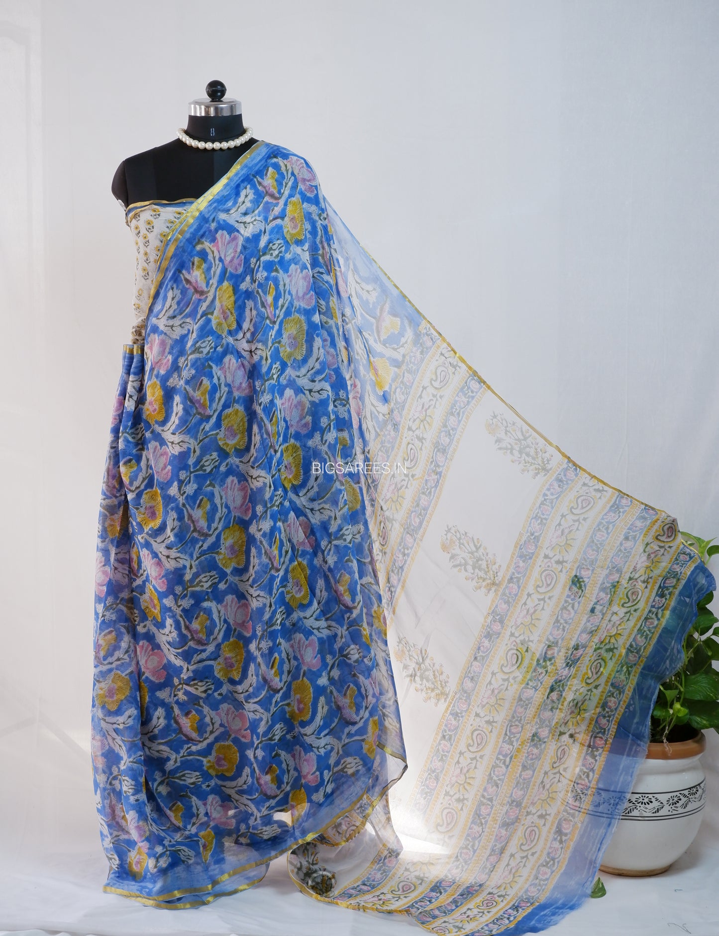 Hand Block Print Saree | Pure Chiffon | Prussian Blue |