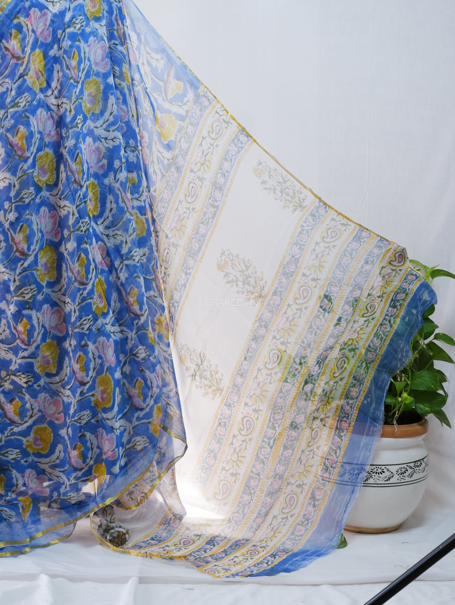 Hand Block Print Saree | Pure Chiffon | Prussian Blue |
