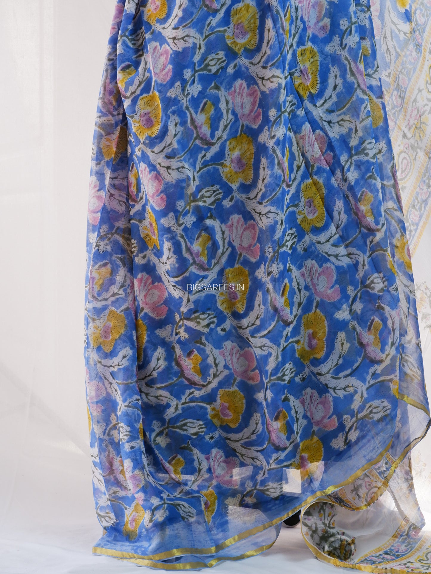 Hand Block Print Saree | Pure Chiffon | Prussian Blue |