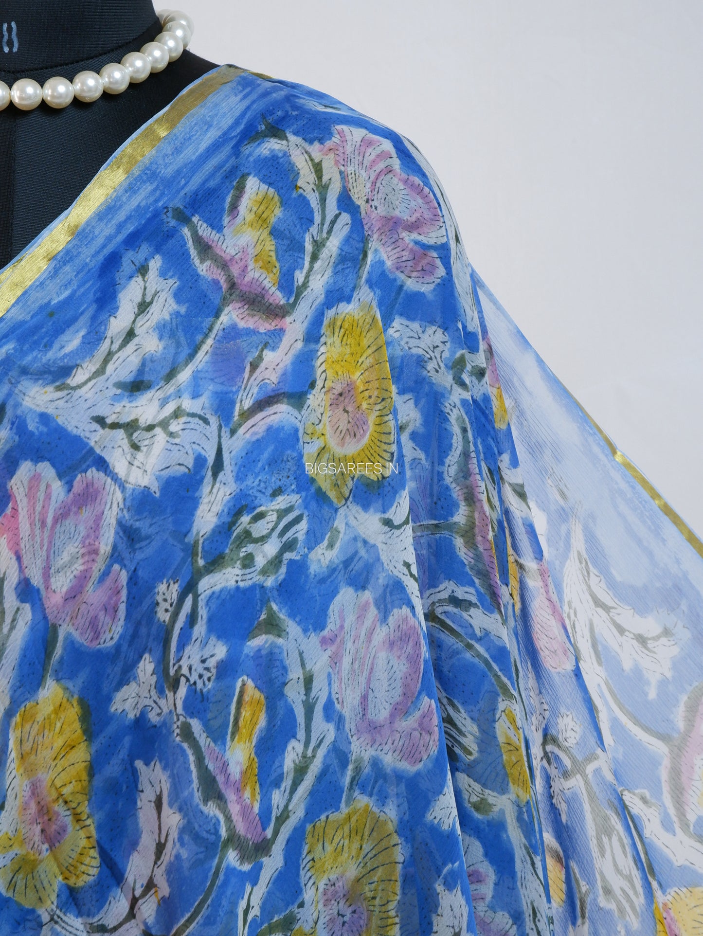 Hand Block Print Saree | Pure Chiffon | Prussian Blue |