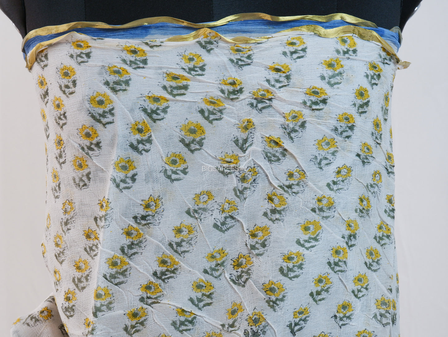 Hand Block Print Saree | Pure Chiffon | Prussian Blue |