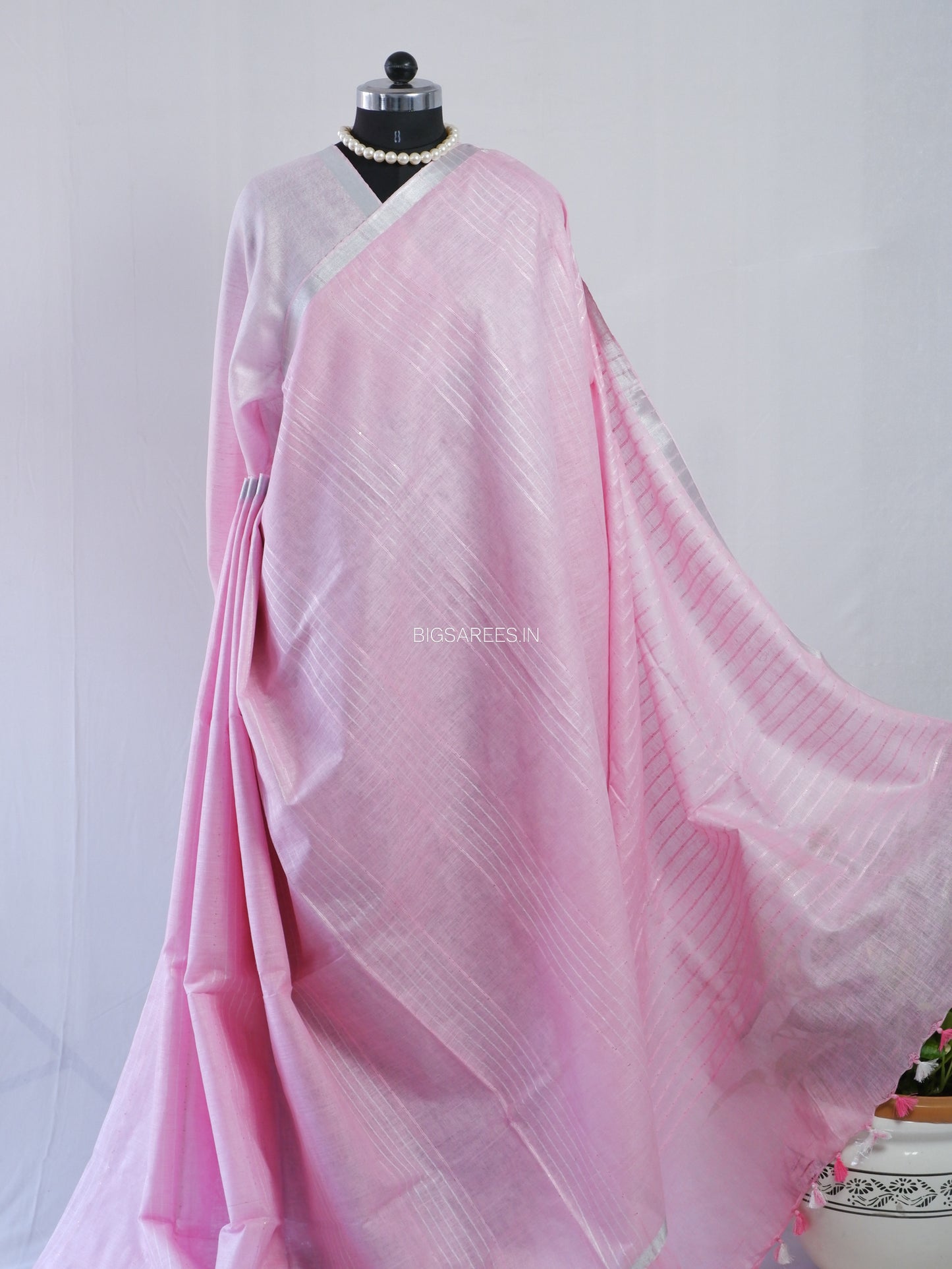 Linen by Linen Saree | With Blouse | Light Pink