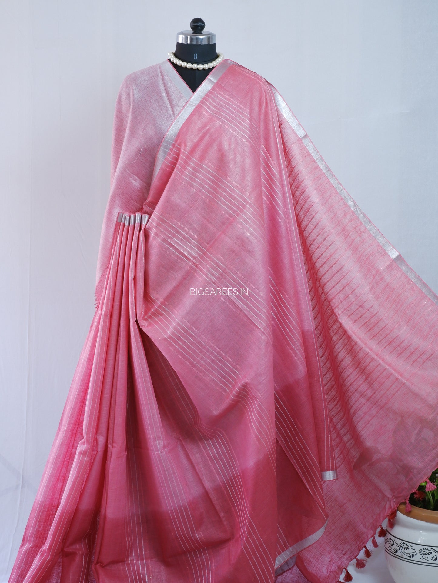 Linen by Linen Saree | With Blouse | Muted Dark Pink
