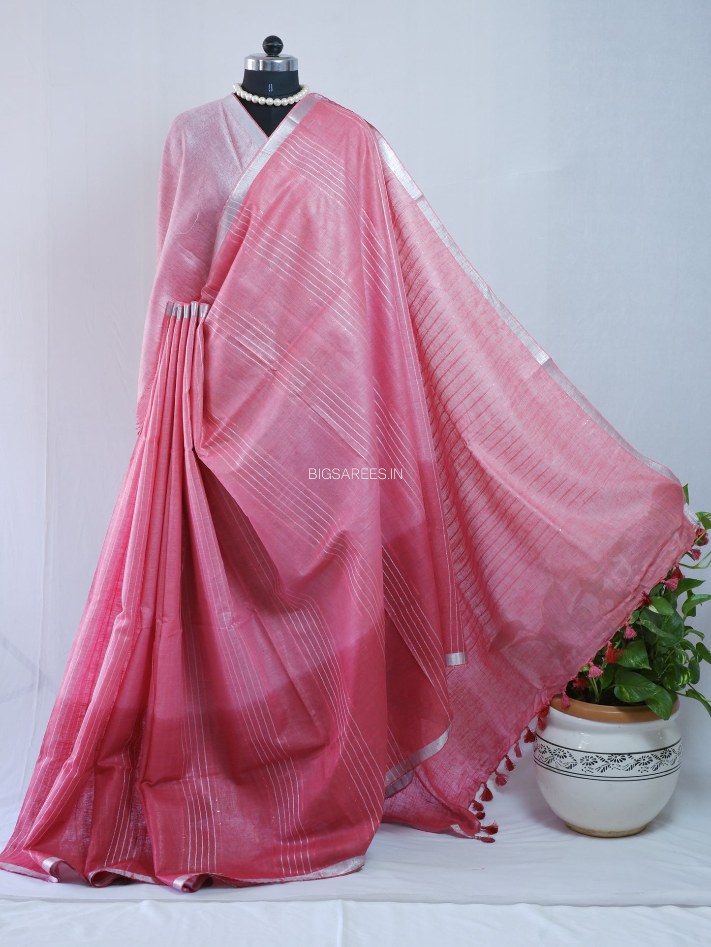 Linen by Linen Saree | With Blouse | Muted Dark Pink