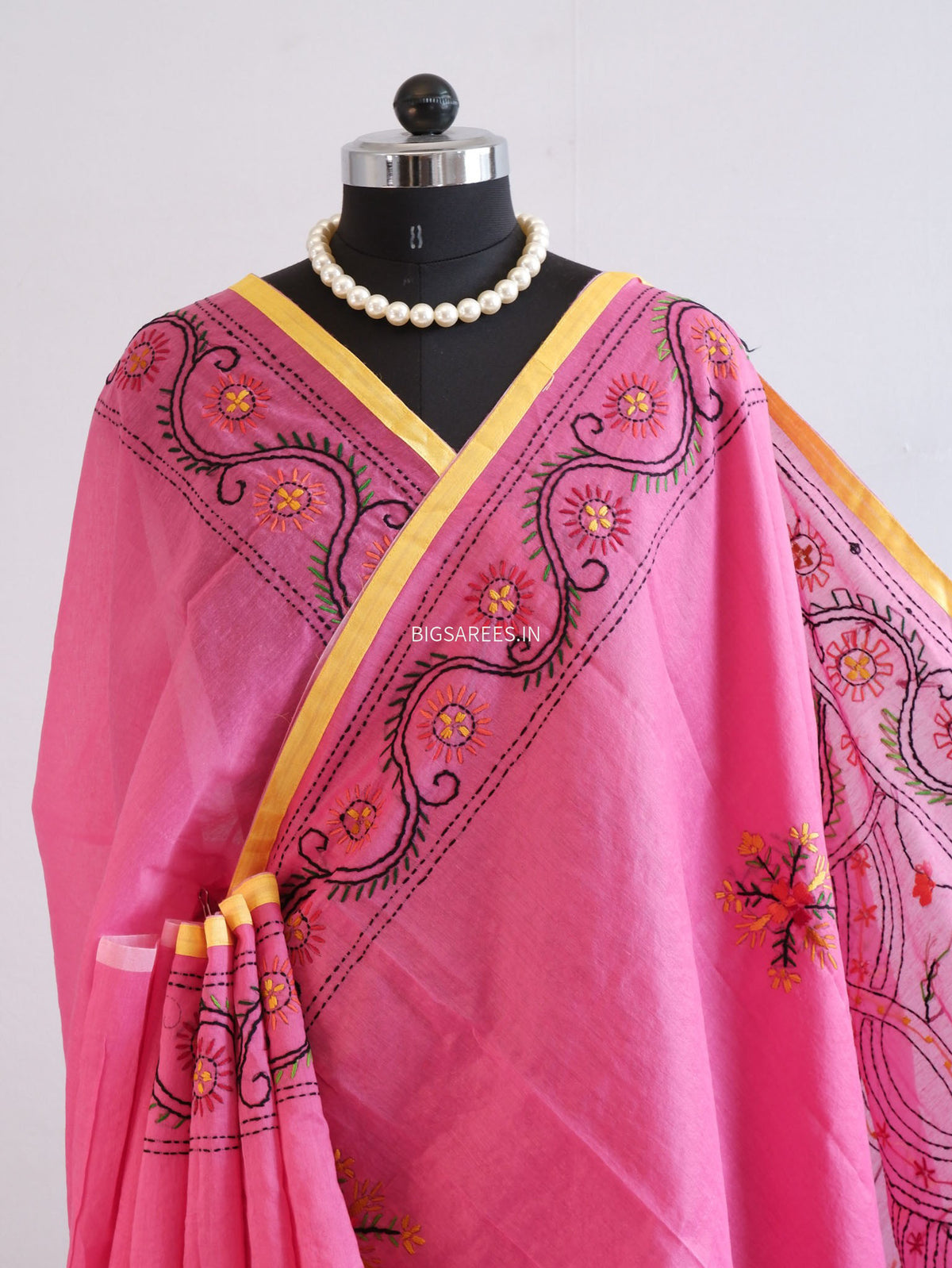 Phulkari Hand-Embroidered Saree | Chanderi Silk | Dark Pink