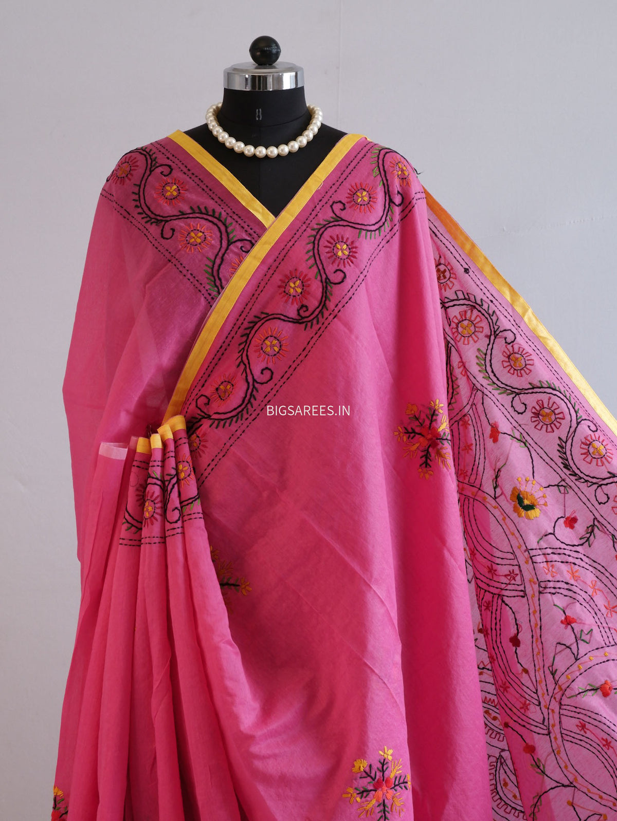 Phulkari Hand-Embroidered Saree | Chanderi Silk | Dark Pink